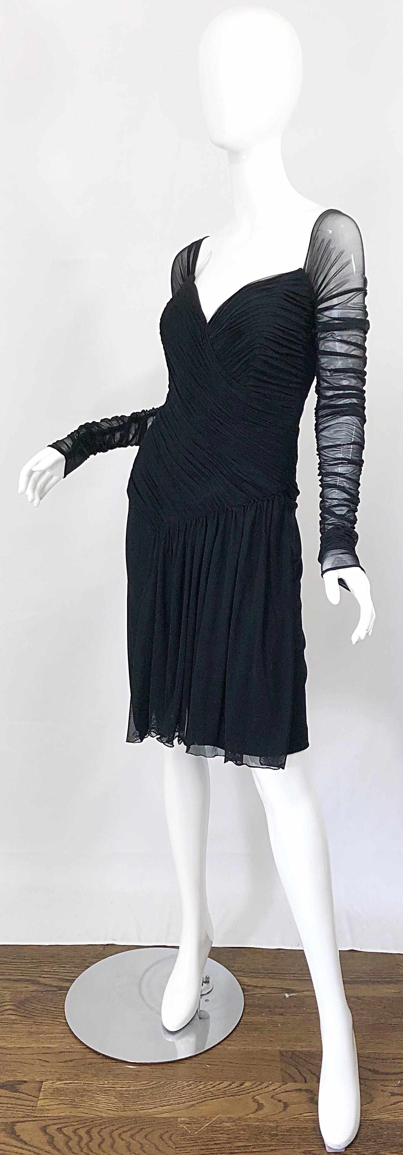 Women's Vintage Vicky Tiel Couture 1980s Black Mesh Sweetheart Flirty Cocktail Dress LBD For Sale