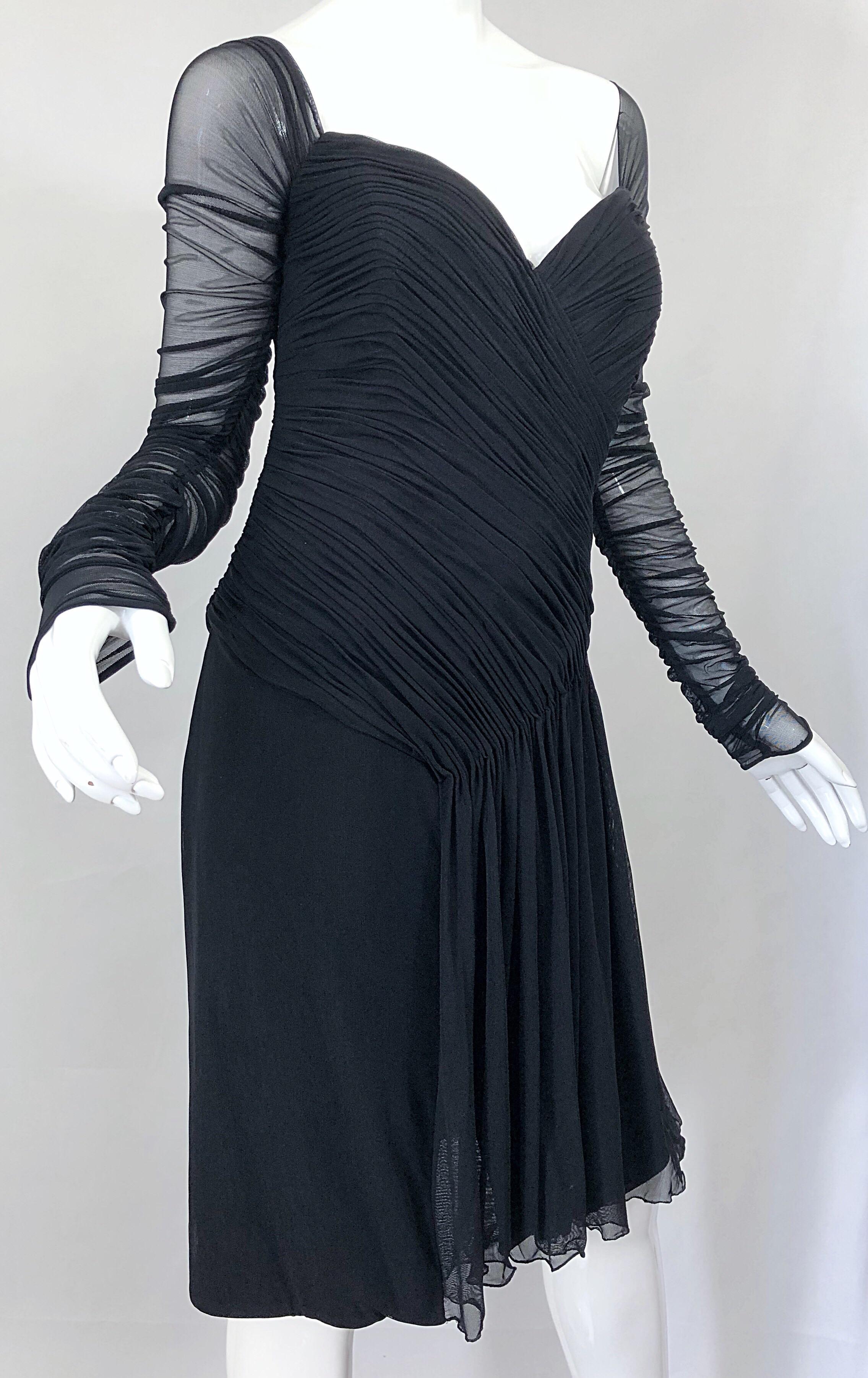 Vintage Vicky Tiel Couture 1980s Black Mesh Sweetheart Flirty Cocktail Dress LBD For Sale 1