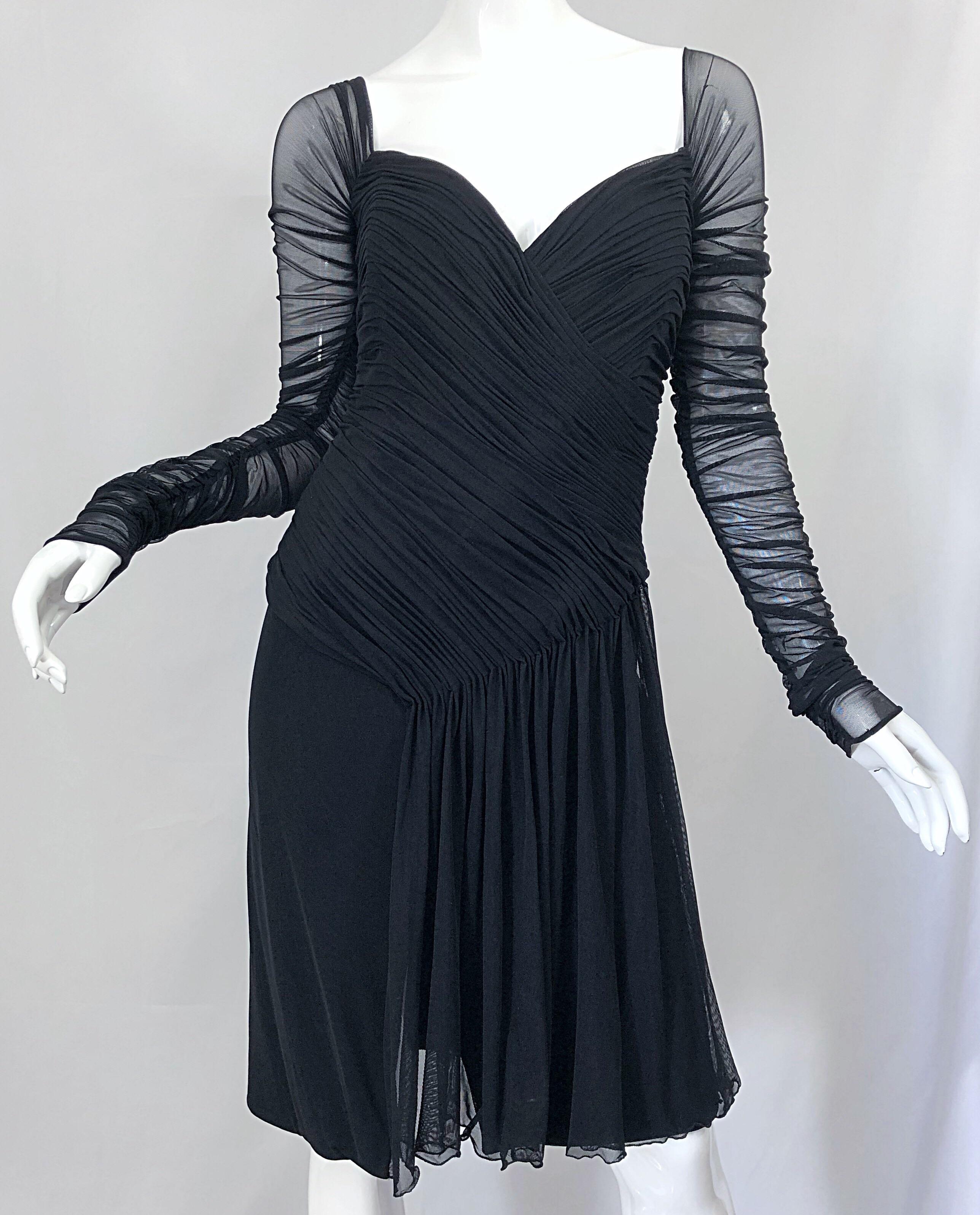 Vintage Vicky Tiel Couture 1980s Black Mesh Sweetheart Flirty Cocktail Dress LBD For Sale 2