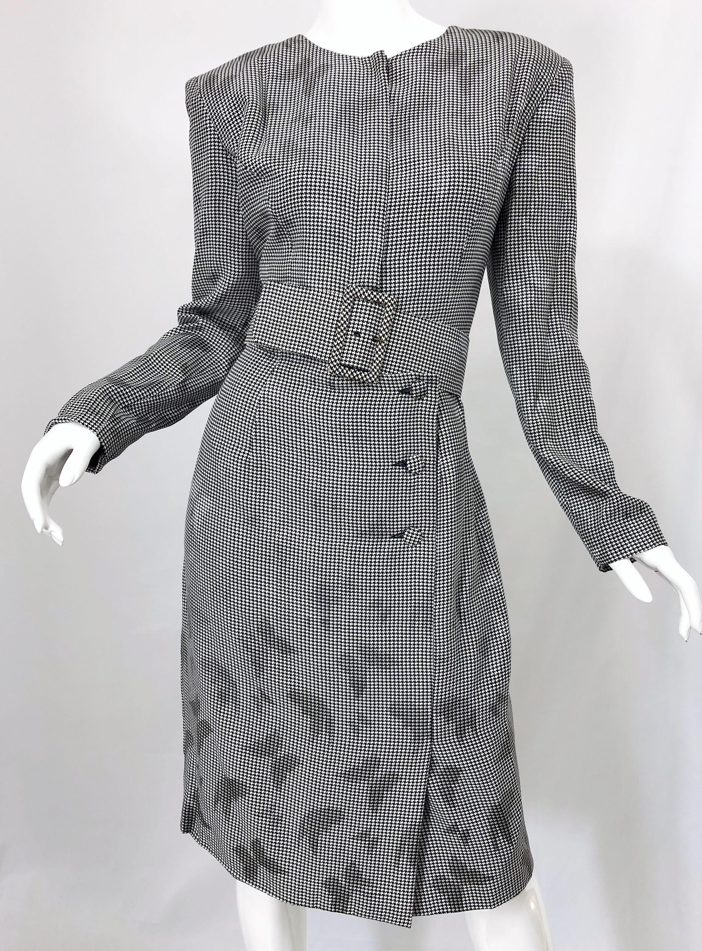 1980s Vicky Tiel Couture Sz 10 12 Black White Houndstooth Butterfly Silk Dress For Sale 2