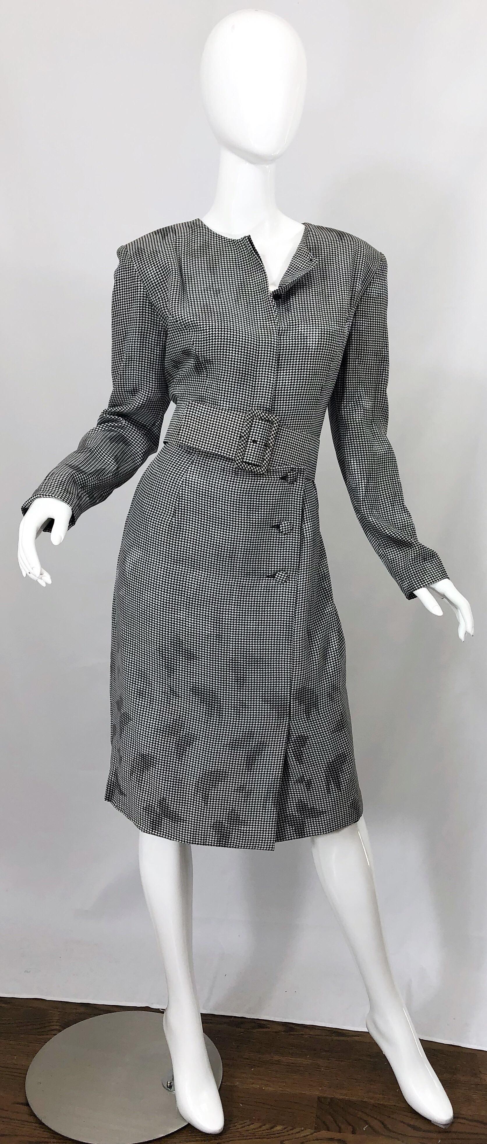 1980er Jahre Vicky Tiel Couture Größe 10 12 Schwarzweißes Seidenkleid mit Hahnentrittmuster und Schmetterling im Angebot 7