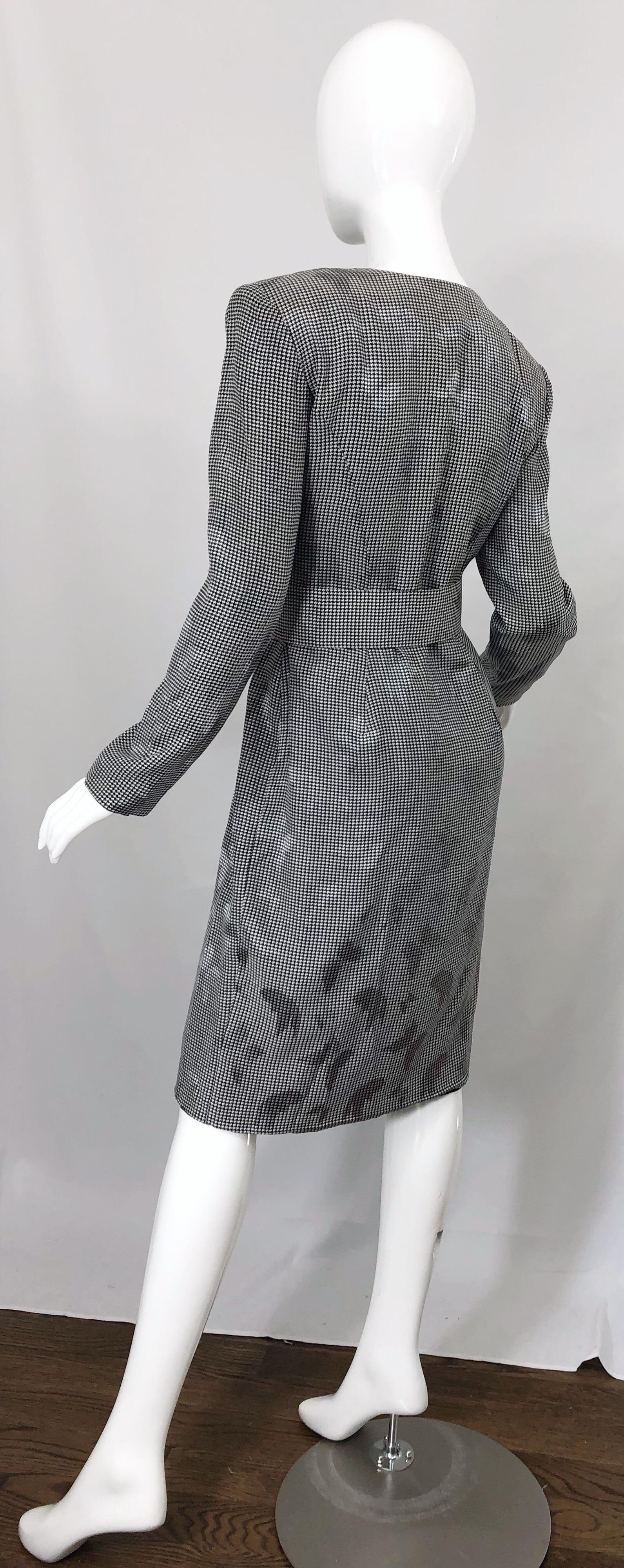1980s Vicky Tiel Couture Sz 10 12 Black White Houndstooth Butterfly Silk Dress For Sale 7