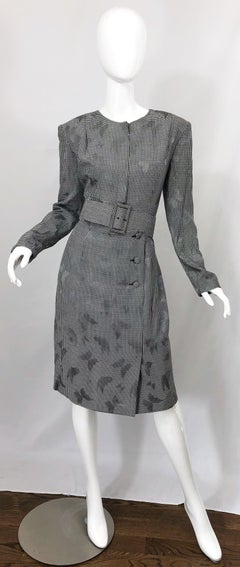 1980s Vicky Tiel Couture Sz 10 12 Black White Houndstooth Butterfly Silk Dress