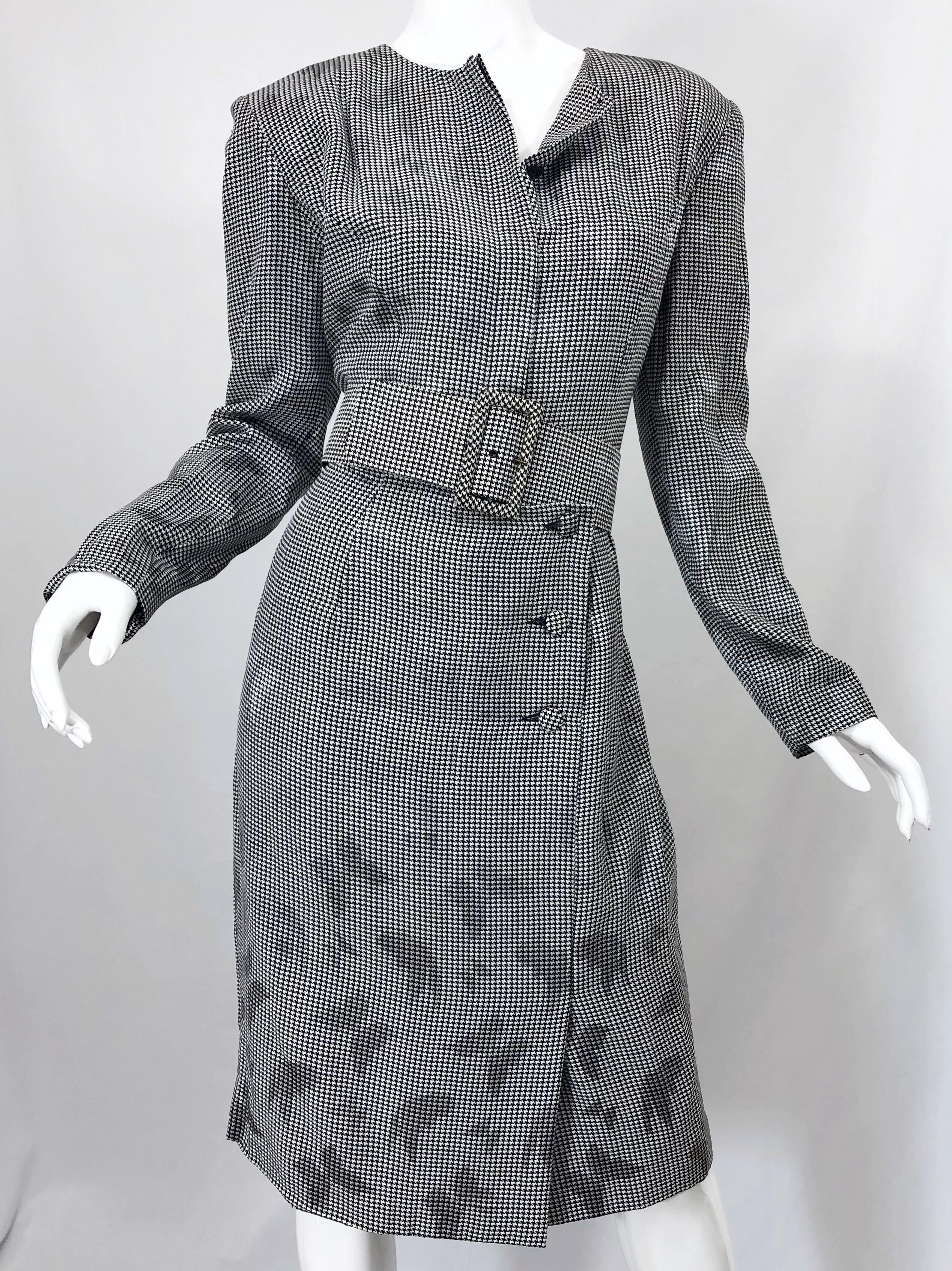 Gray 1980s Vicky Tiel Couture Sz 10 12 Black White Houndstooth Butterfly Silk Dress For Sale