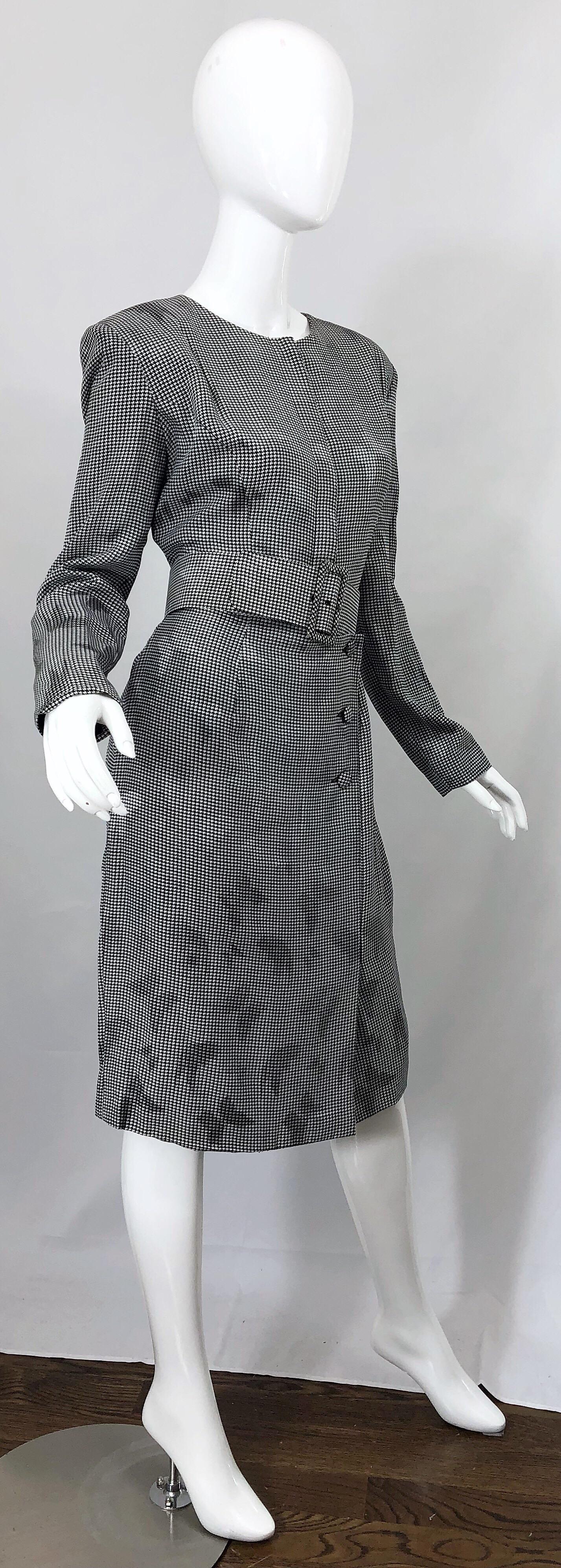 1980s Vicky Tiel Couture Sz 10 12 Black White Houndstooth Butterfly Silk Dress In Excellent Condition For Sale In San Diego, CA