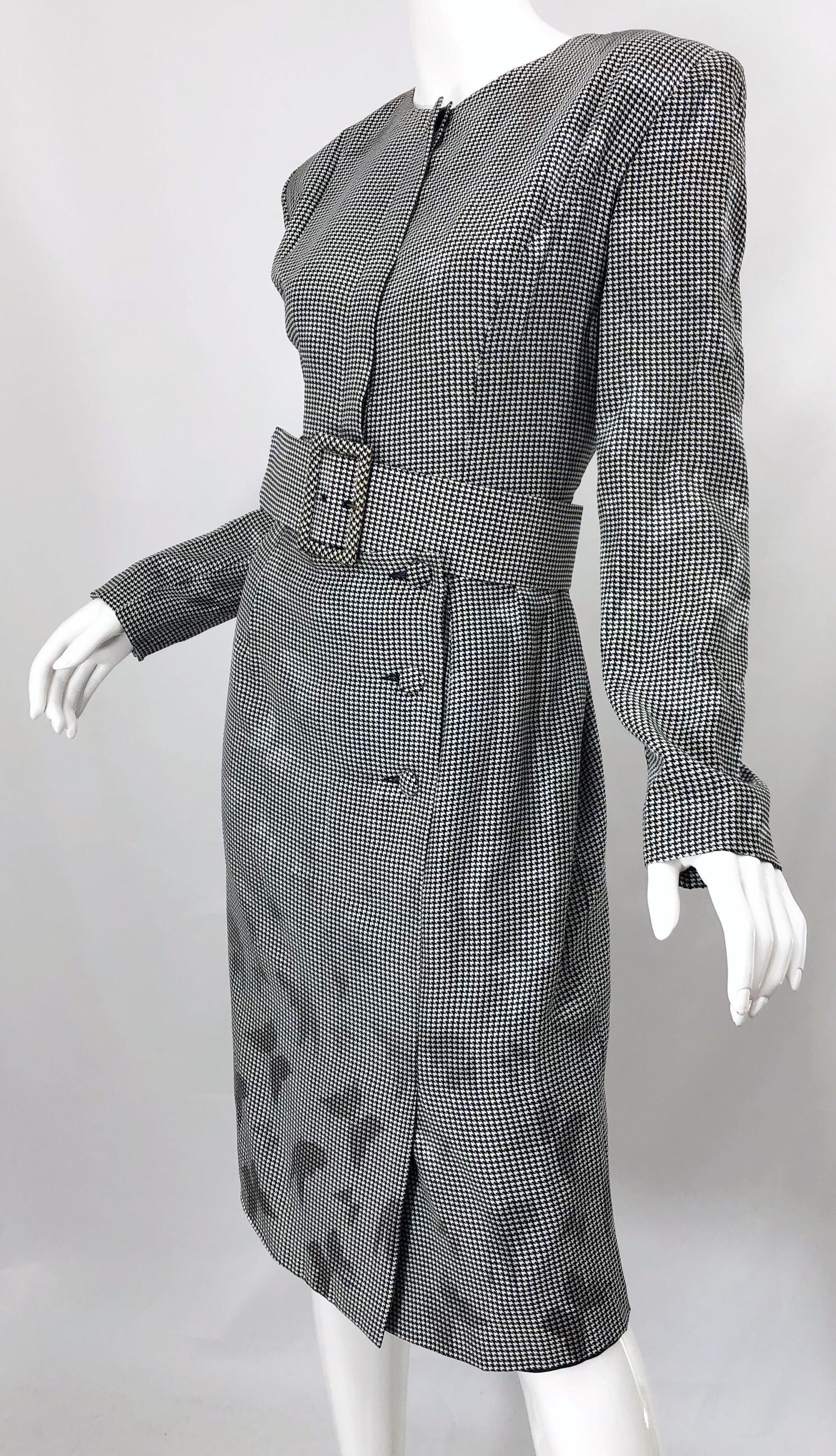 Women's 1980s Vicky Tiel Couture Sz 10 12 Black White Houndstooth Butterfly Silk Dress For Sale