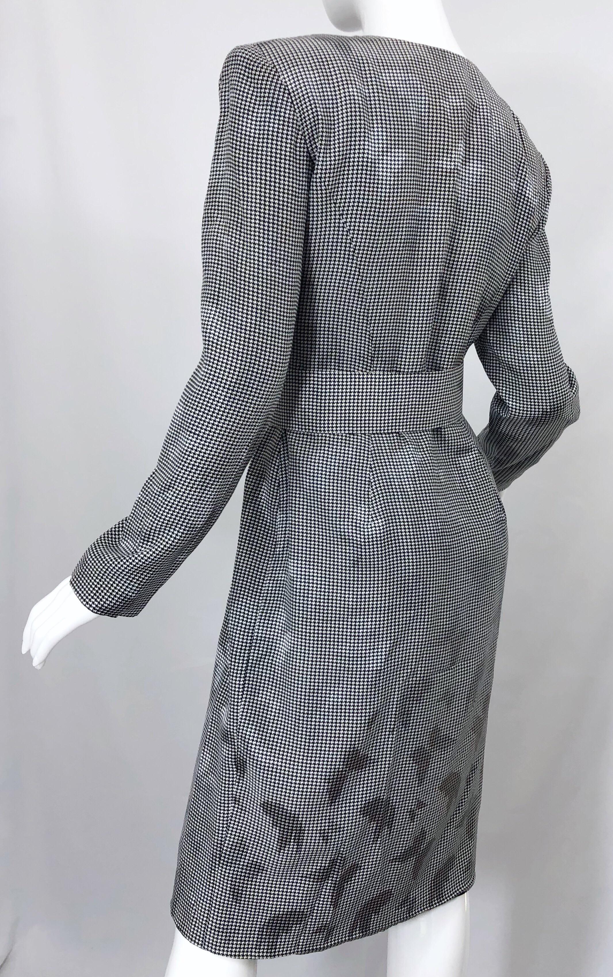 1980s Vicky Tiel Couture Sz 10 12 Black White Houndstooth Butterfly Silk Dress For Sale 1