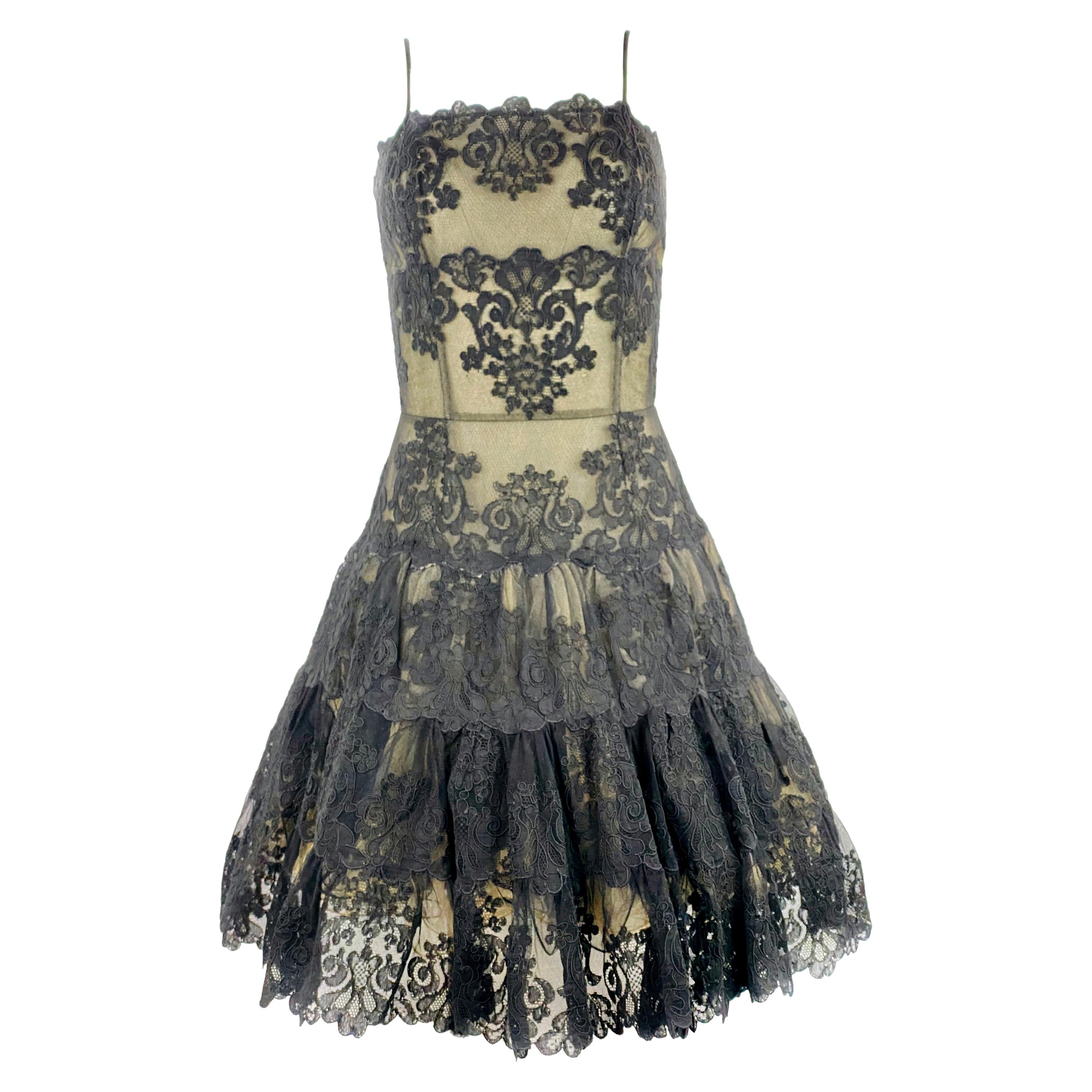 Vintage VICKY TIEL Couture Paris Black Floral Lace Sleeveless Mini Dress Size S