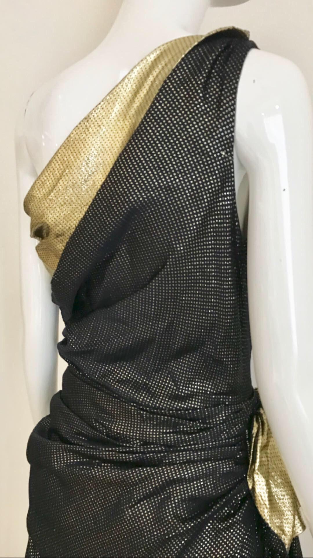 Vicky Tiel Marineblaues und goldenes One-Shoulder-Kleid aus Seidenlamé von Vicky Tiel im Angebot 4