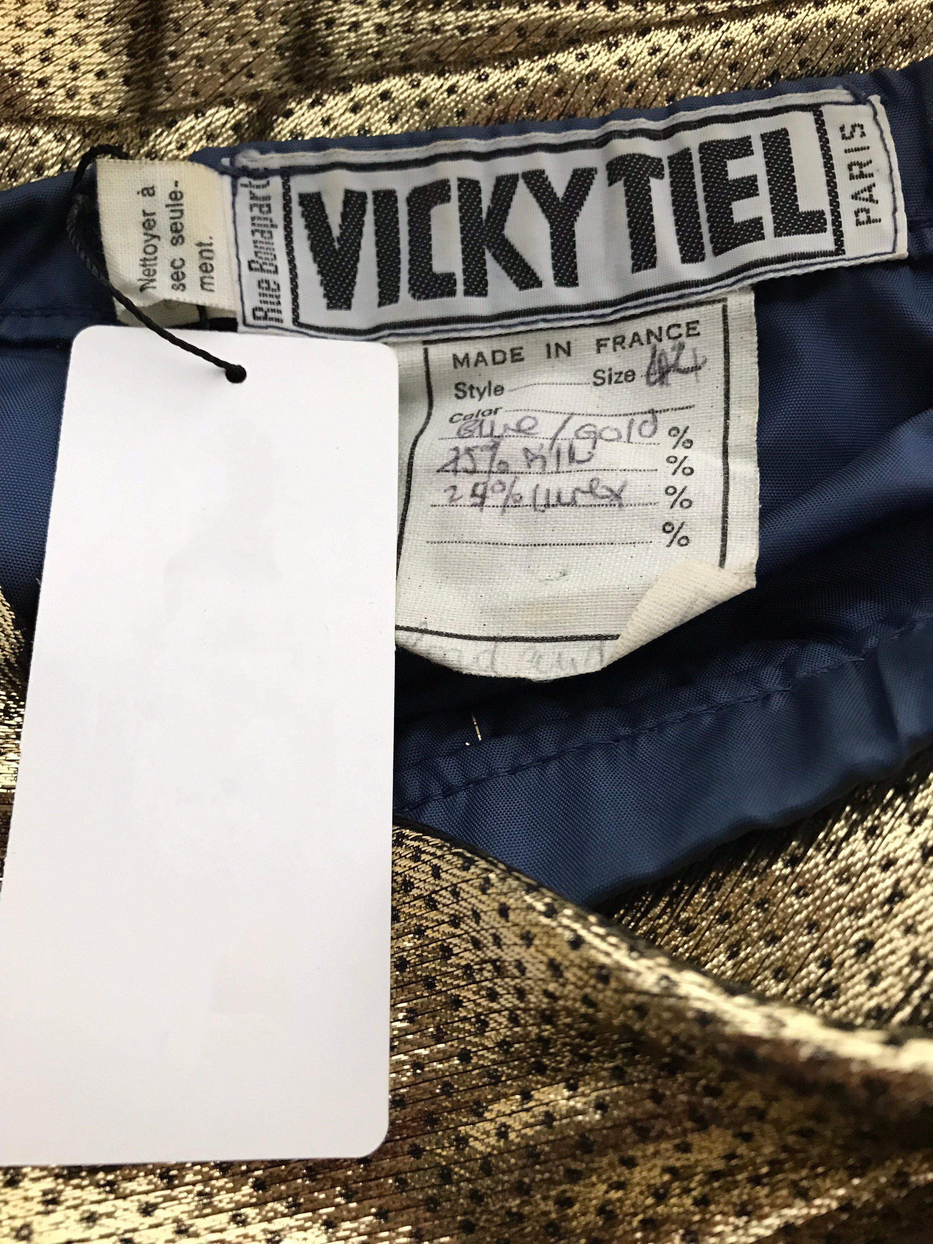 Vicky Tiel - Robe asymétrique vintage en soie lamée bleu marine et or en vente 7