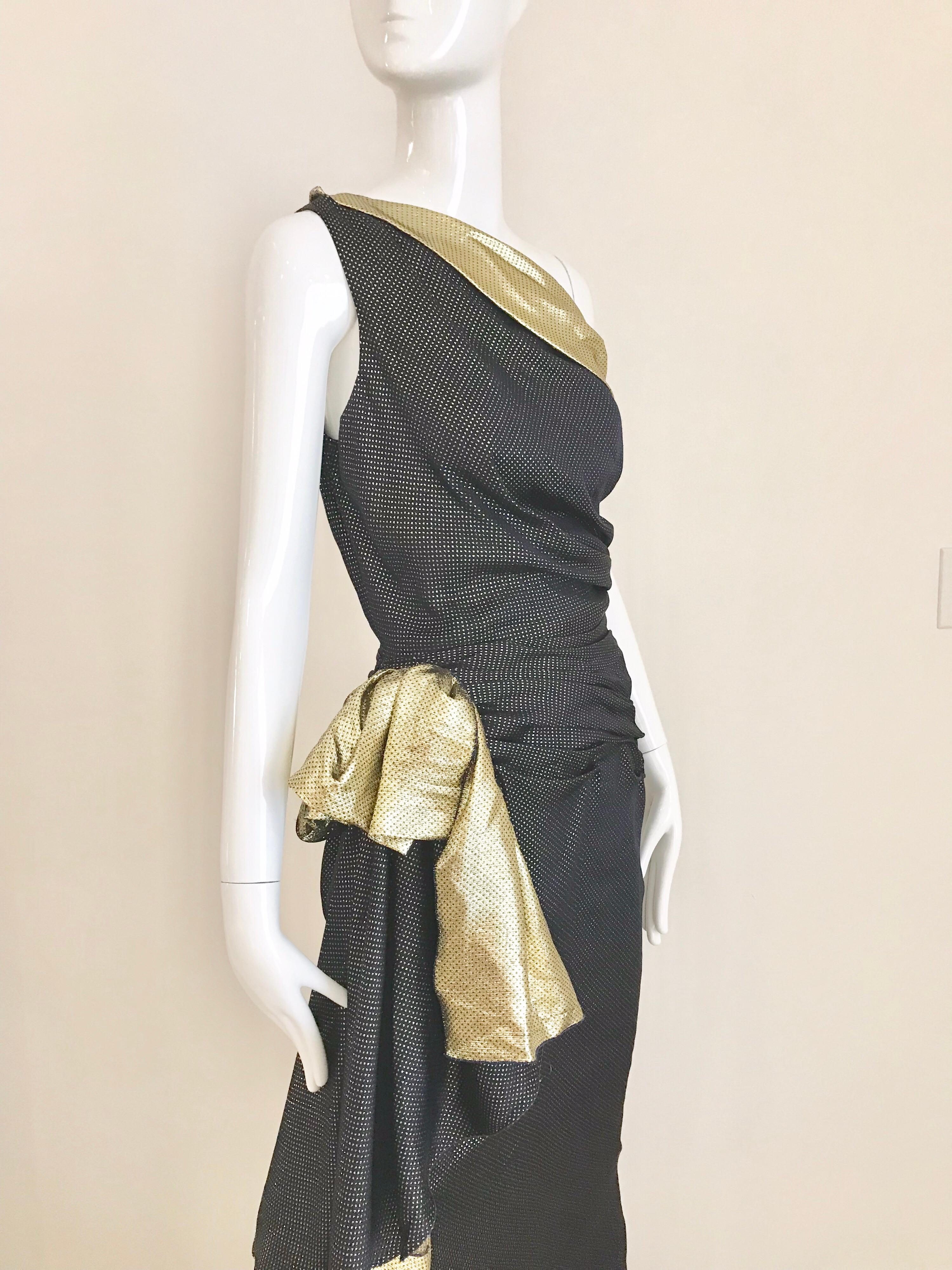 Vicky Tiel Marineblaues und goldenes One-Shoulder-Kleid aus Seidenlamé von Vicky Tiel (Schwarz) im Angebot