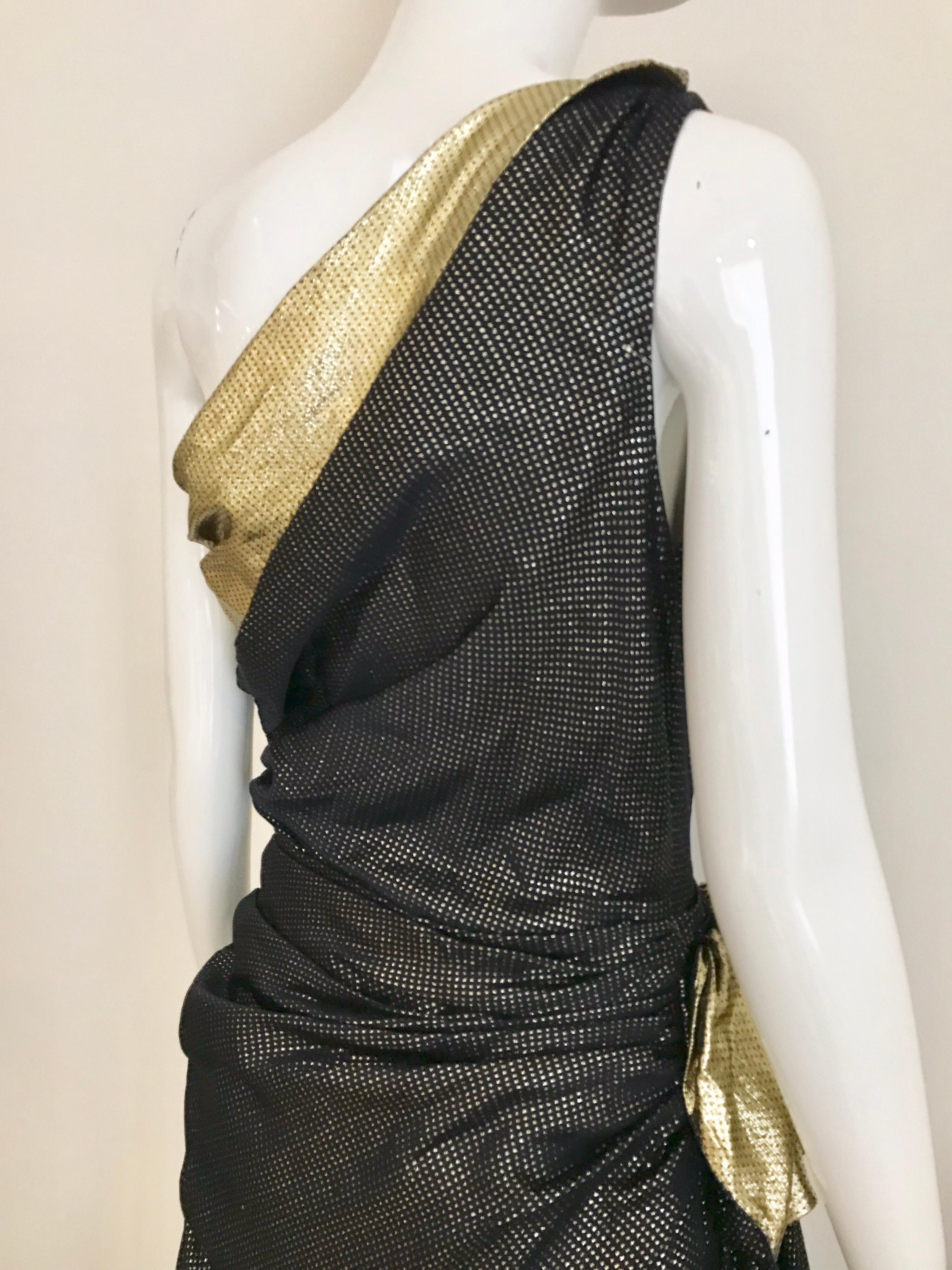 Vicky Tiel Marineblaues und goldenes One-Shoulder-Kleid aus Seidenlamé von Vicky Tiel im Zustand „Gut“ im Angebot in Beverly Hills, CA