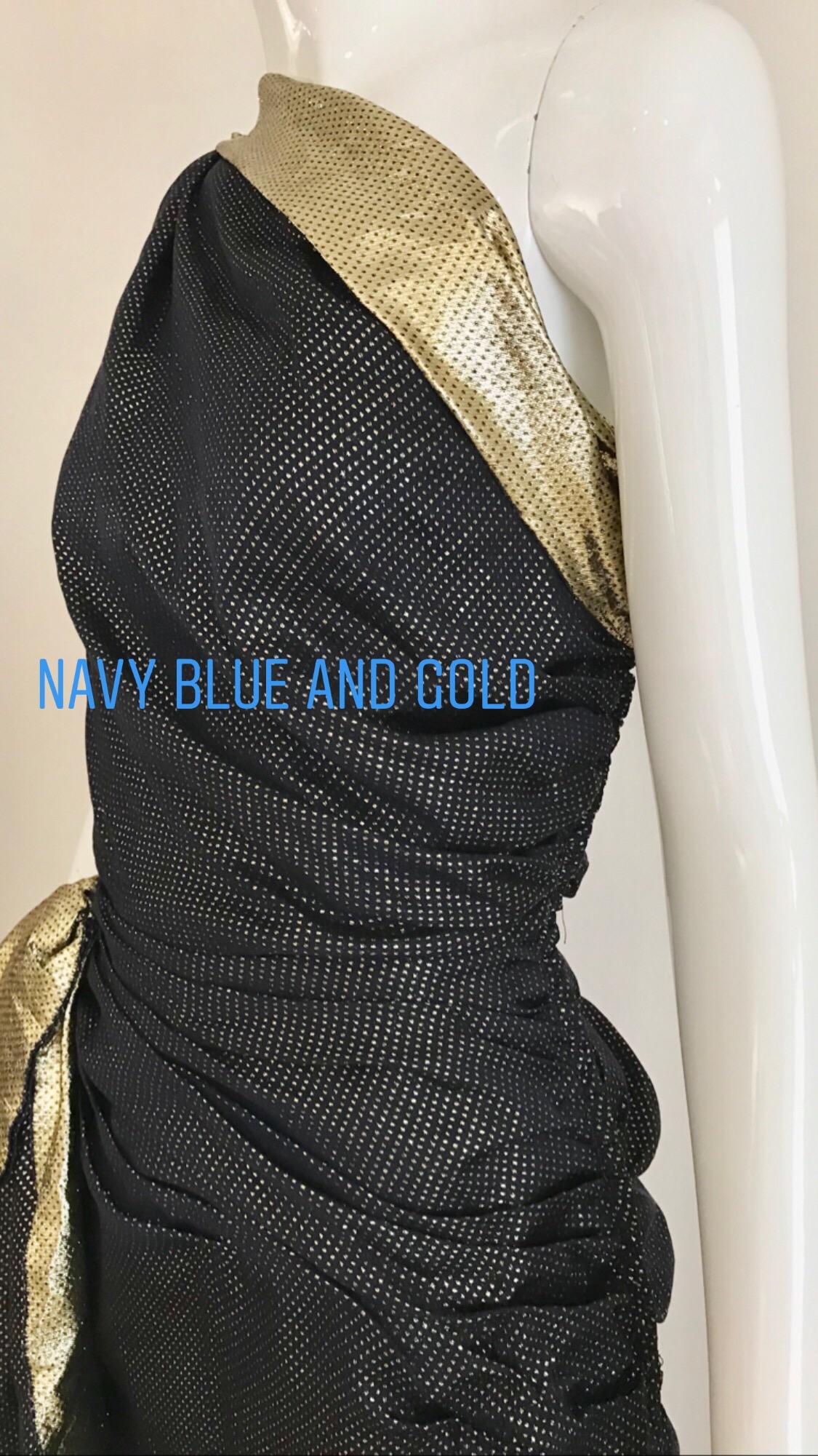 Vintage Vicky Tiel Navy Blue and Gold Silk Lamé One Shoulder Gown In Good Condition For Sale In Beverly Hills, CA