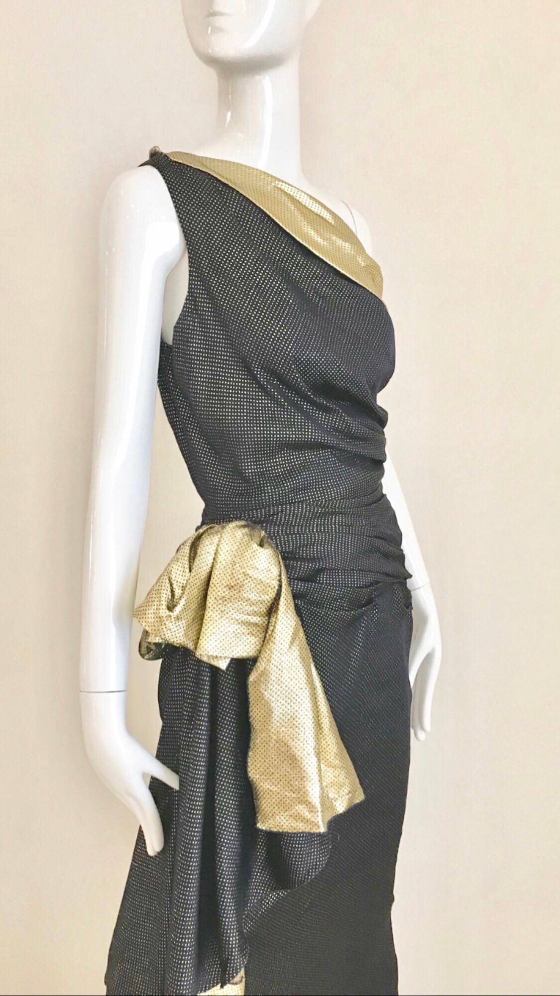 Vicky Tiel Marineblaues und goldenes One-Shoulder-Kleid aus Seidenlamé von Vicky Tiel im Angebot 3
