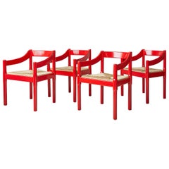 Vintage Vico Magistretti Carimate Dining Chairs in Red Painted Wood, Italy, 1959