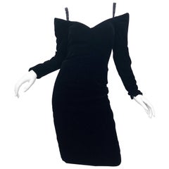 Victor Costa - Robe vintage à épaules dénudées en velours noir, taille 8, années 1990