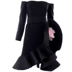 Vintage Victor Costa Black Off Shoulder Dress W Pleated Ruffle & Pink Flower