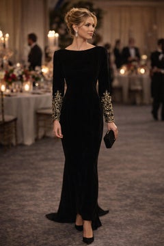 Vintage Victor Costa Black Velvet Evening Gown, 1990s, Size 12