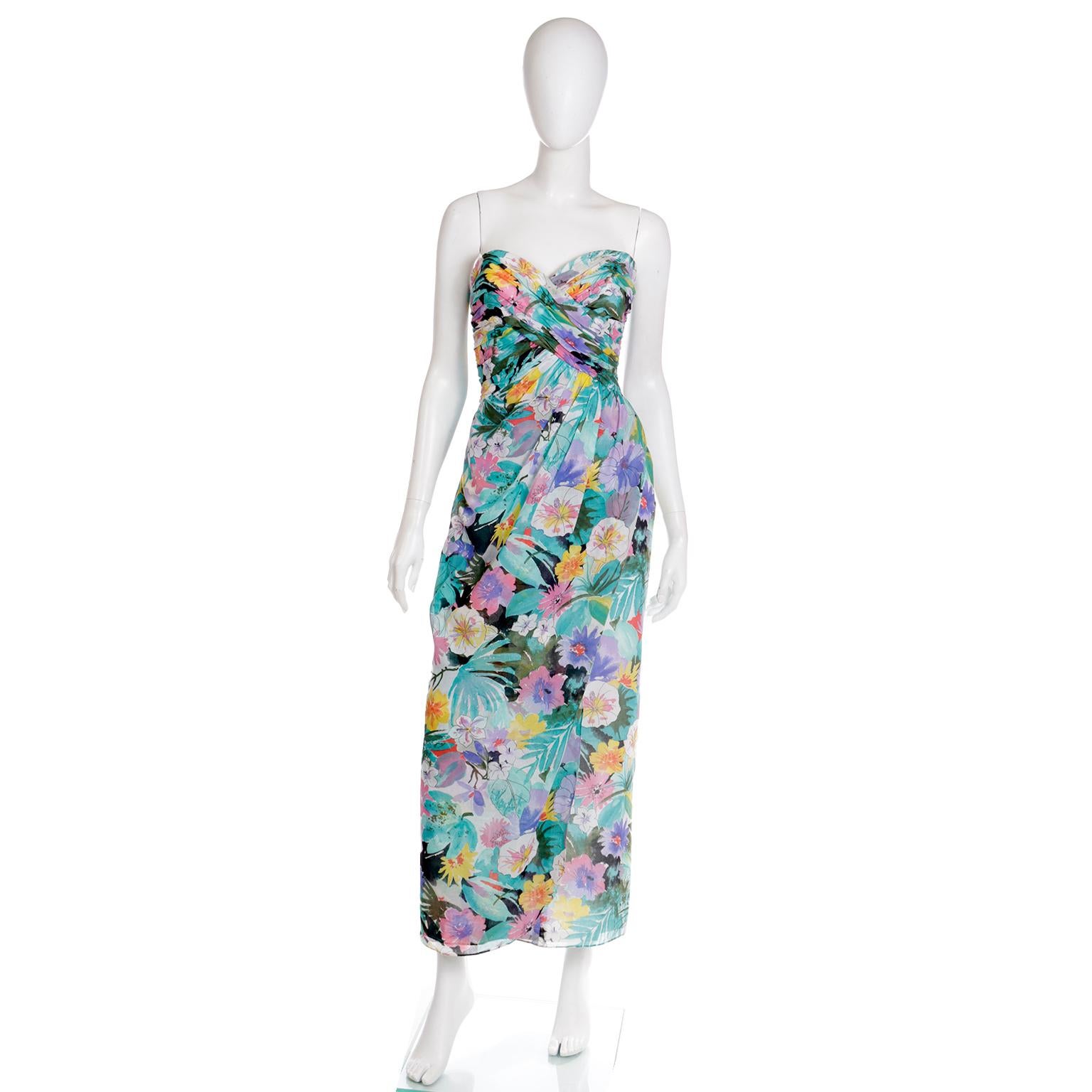 Vintage Victor Costa Strapless Sweetheart Floral Evening Dress w Wrap Scarf In Excellent Condition In Portland, OR