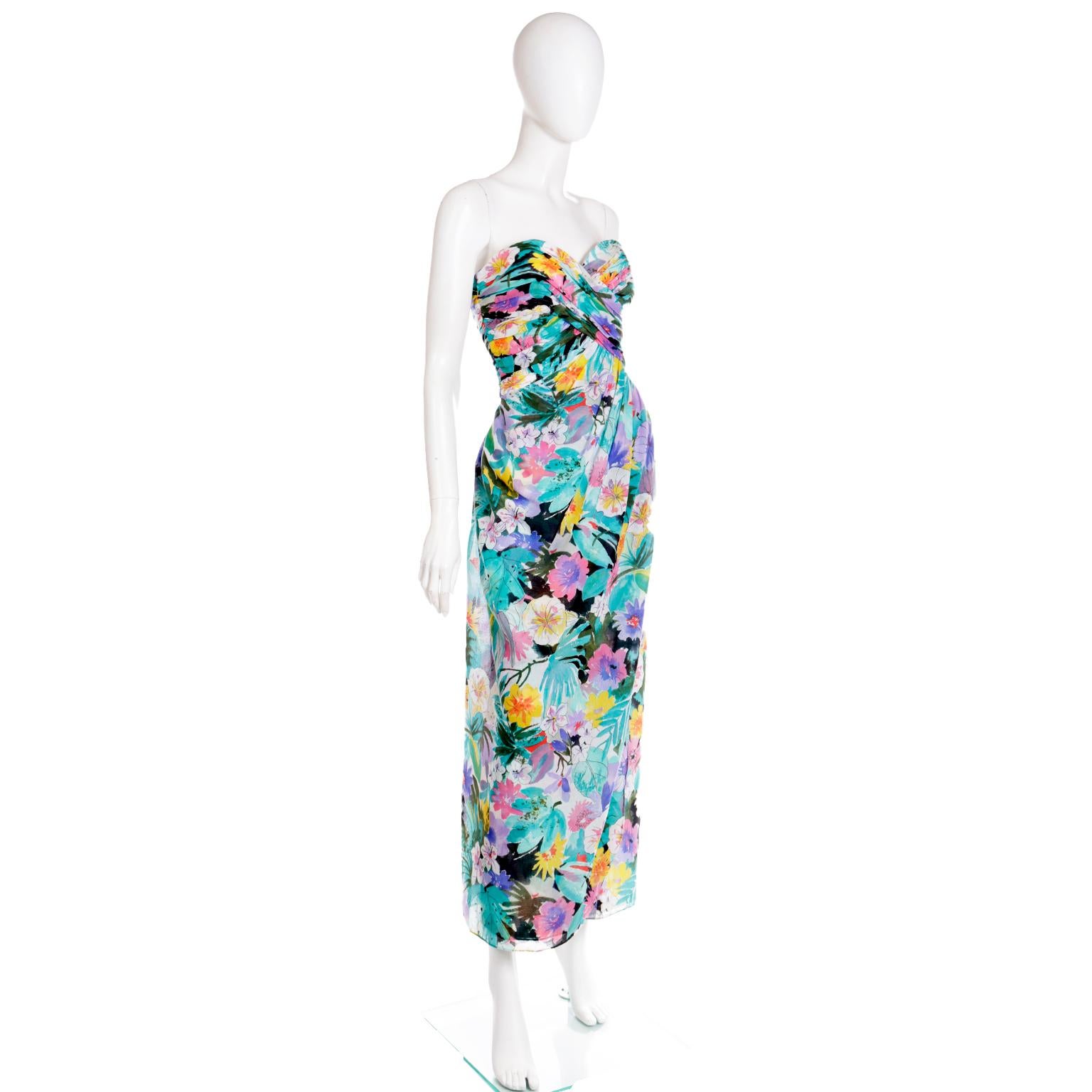 Women's Vintage Victor Costa Strapless Sweetheart Floral Evening Dress w Wrap Scarf