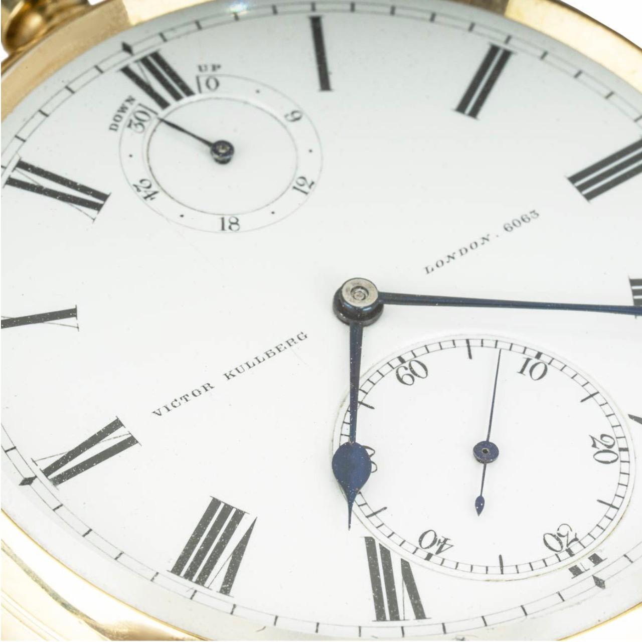 A Victor Kullberg 18ct yellow gold open face up and down, keyless fusee free sprung helical hair spring pocket watch, C1894.

Dial: The beautifully made Willis enamel dial with Roman numerals outer minute track and subsidiary seconds dial at six