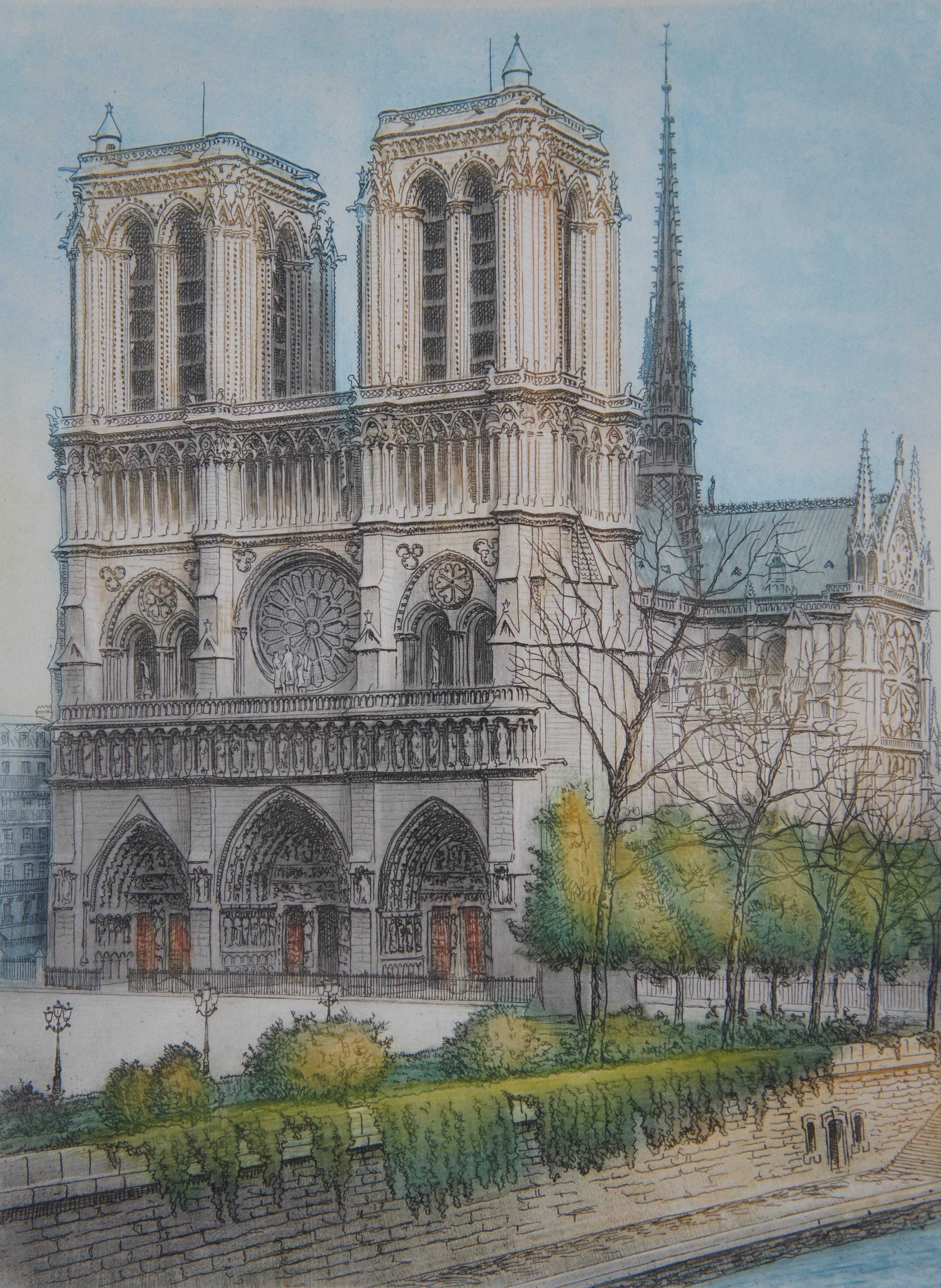 Paper Vintage Victor Valery Signed Notre Dame Reims Signed Etching France Framed 15