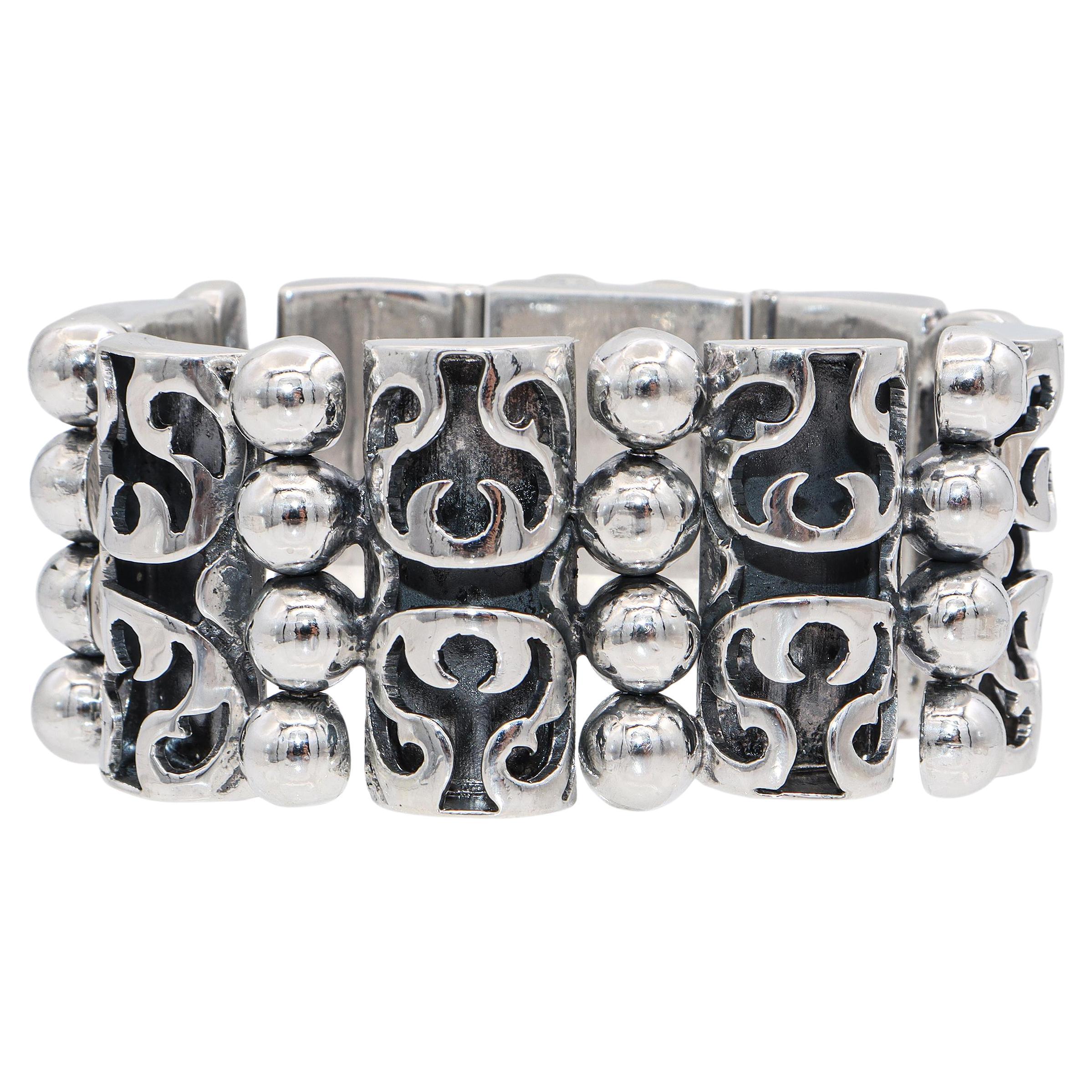 Vintage Victoria Ana Brilanti Taxco Mexico Sterling Silver Wide Panel Bracelet