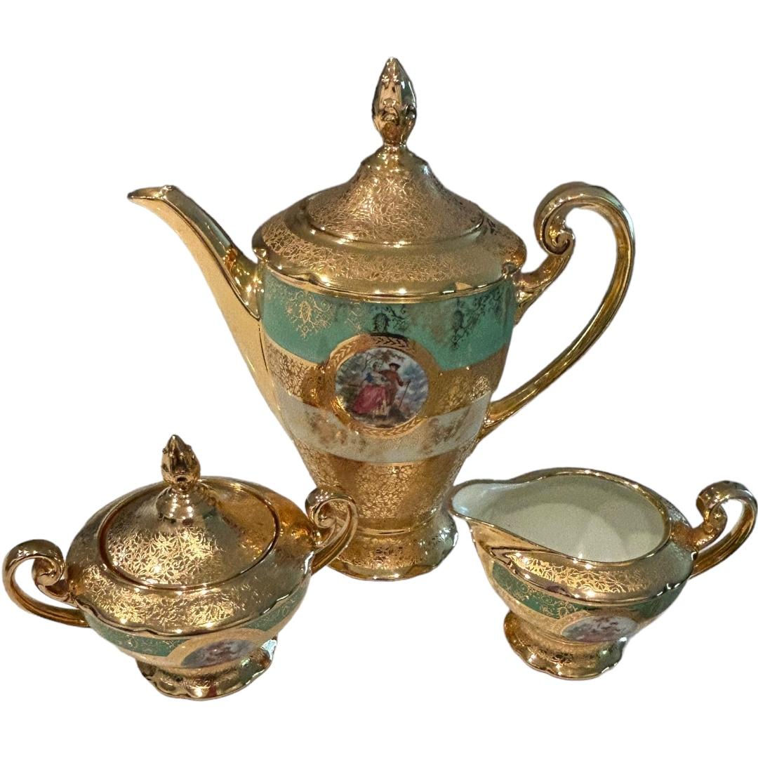 Vintage Victoria Czechoslovakia China 24k Gold Decorated Bohemian Coffee/Tea Set In Good Condition For Sale In Naples, FL