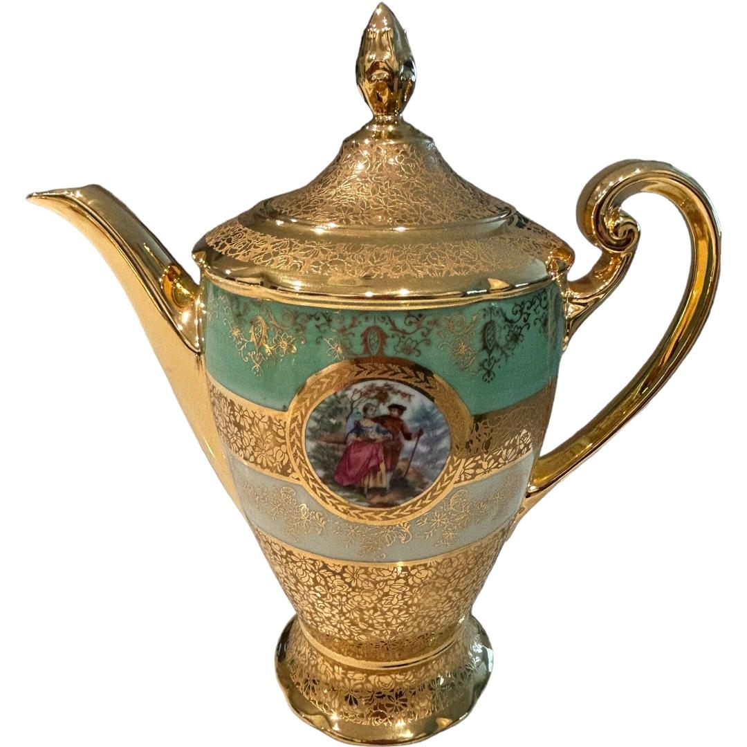 20th Century Vintage Victoria Czechoslovakia China 24k Gold Decorated Bohemian Coffee/Tea Set For Sale
