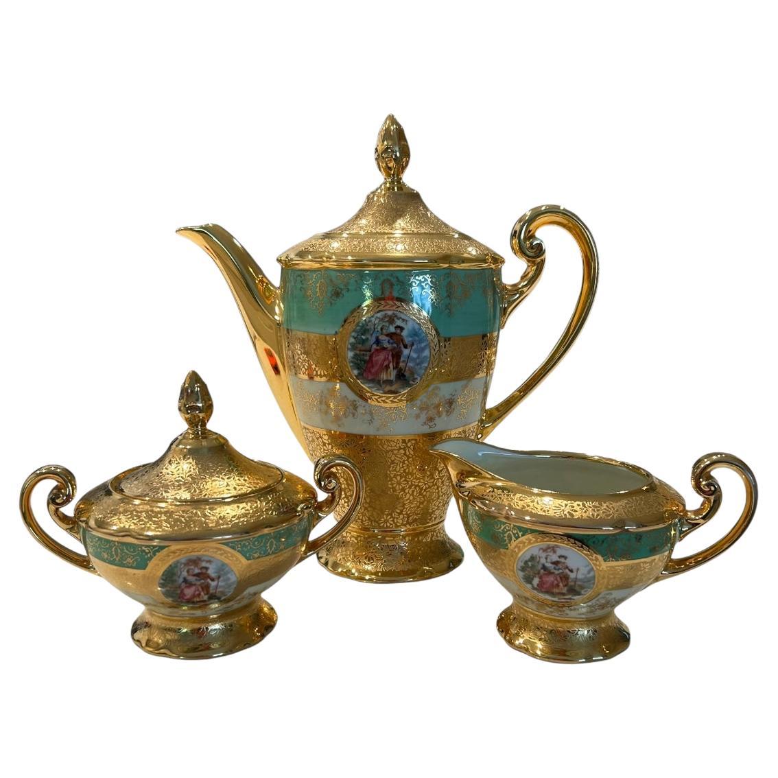 Vintage Victoria Czechoslovakia China 24k Gold Decorated Bohemian Coffee/Tea Set For Sale