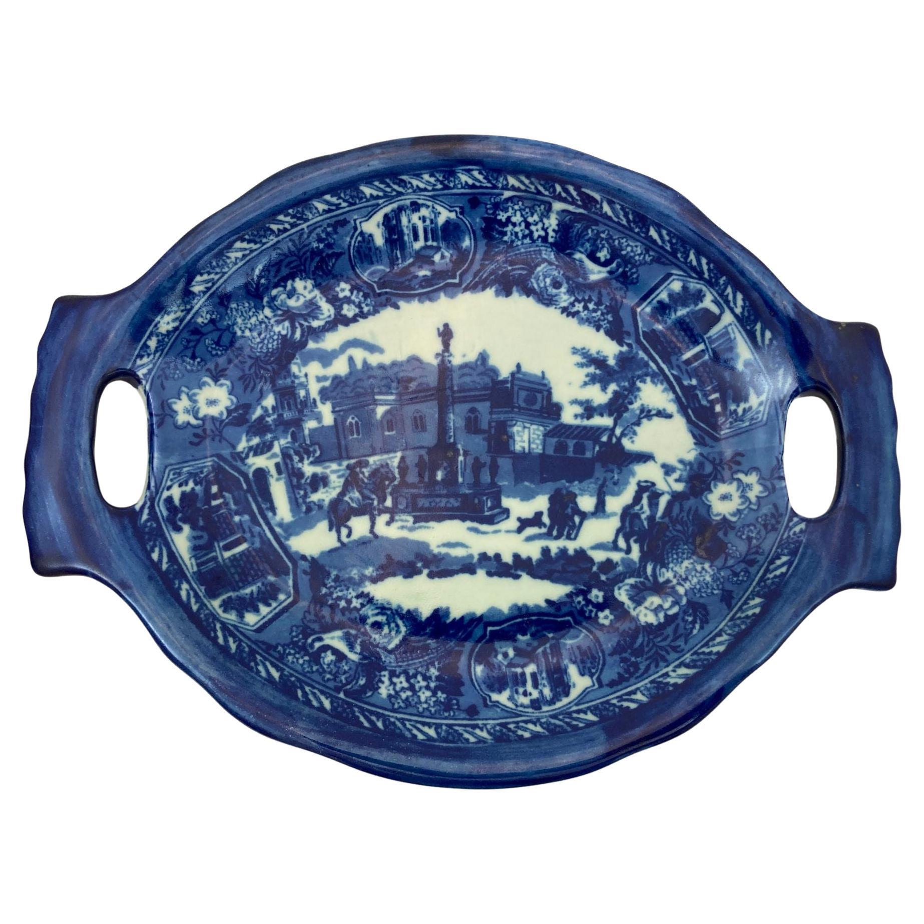 Plato de servir vintage Victoria Ware Ironstone Flow Azul y Blanco con asas