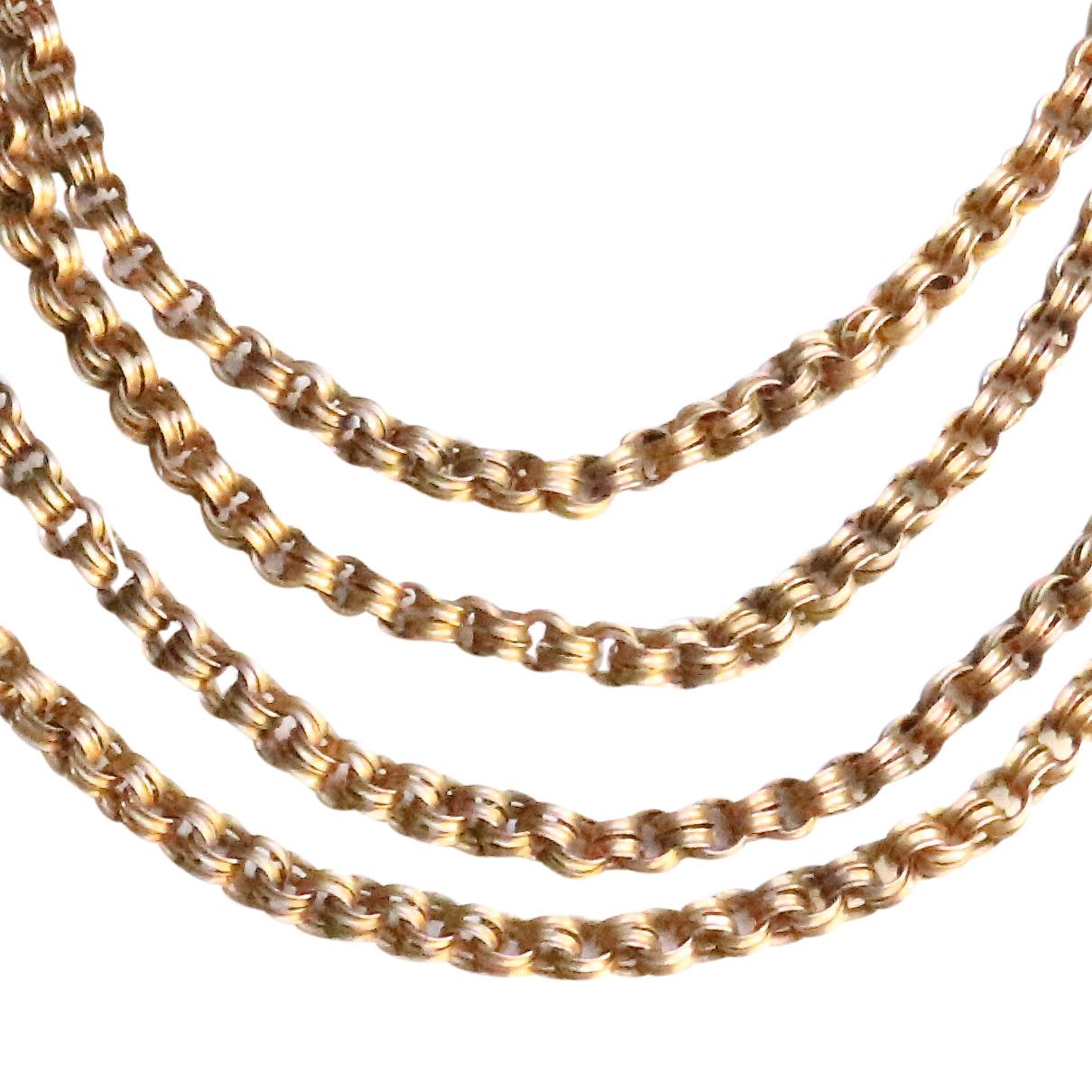 Mid-Victorian 10k gold necklace. Circa 1860-1890s. 60 inches long. 
Jack Weir & Sons Flawless Protection Plan: 
7 day return policy for full cash refund
30 day return for store credit 
Free shipping both ways
100% authenticity guarantee 
Free ring