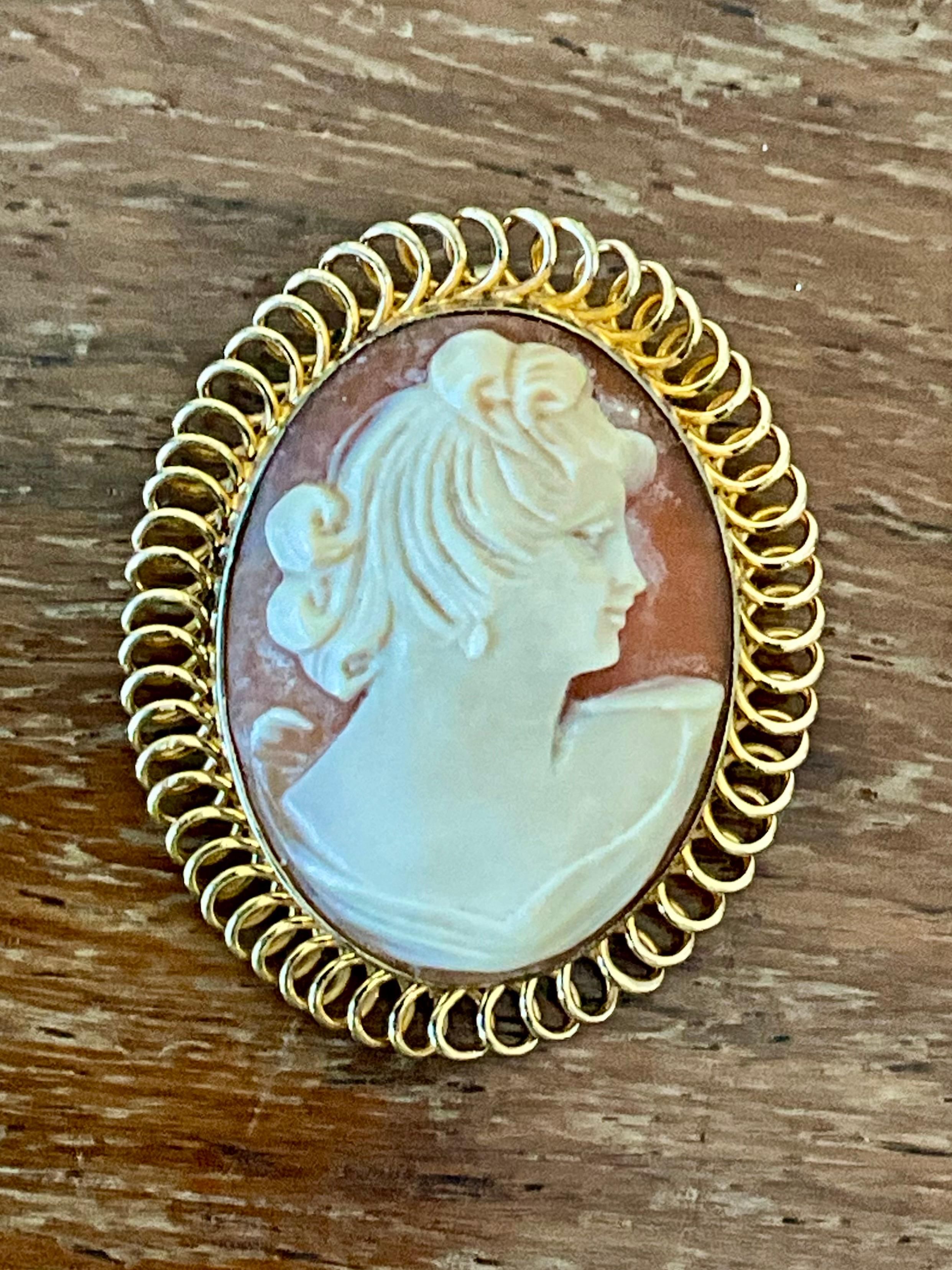 Questo ciondolo vittoriano d'epoca con cammeo intagliato a mano a 12 carati è uno splendido esempio di artigianato del XIX secolo e di eleganza senza tempo. Scolpito a mano da una conchiglia naturale, il cammeo presenta un profilo splendidamente