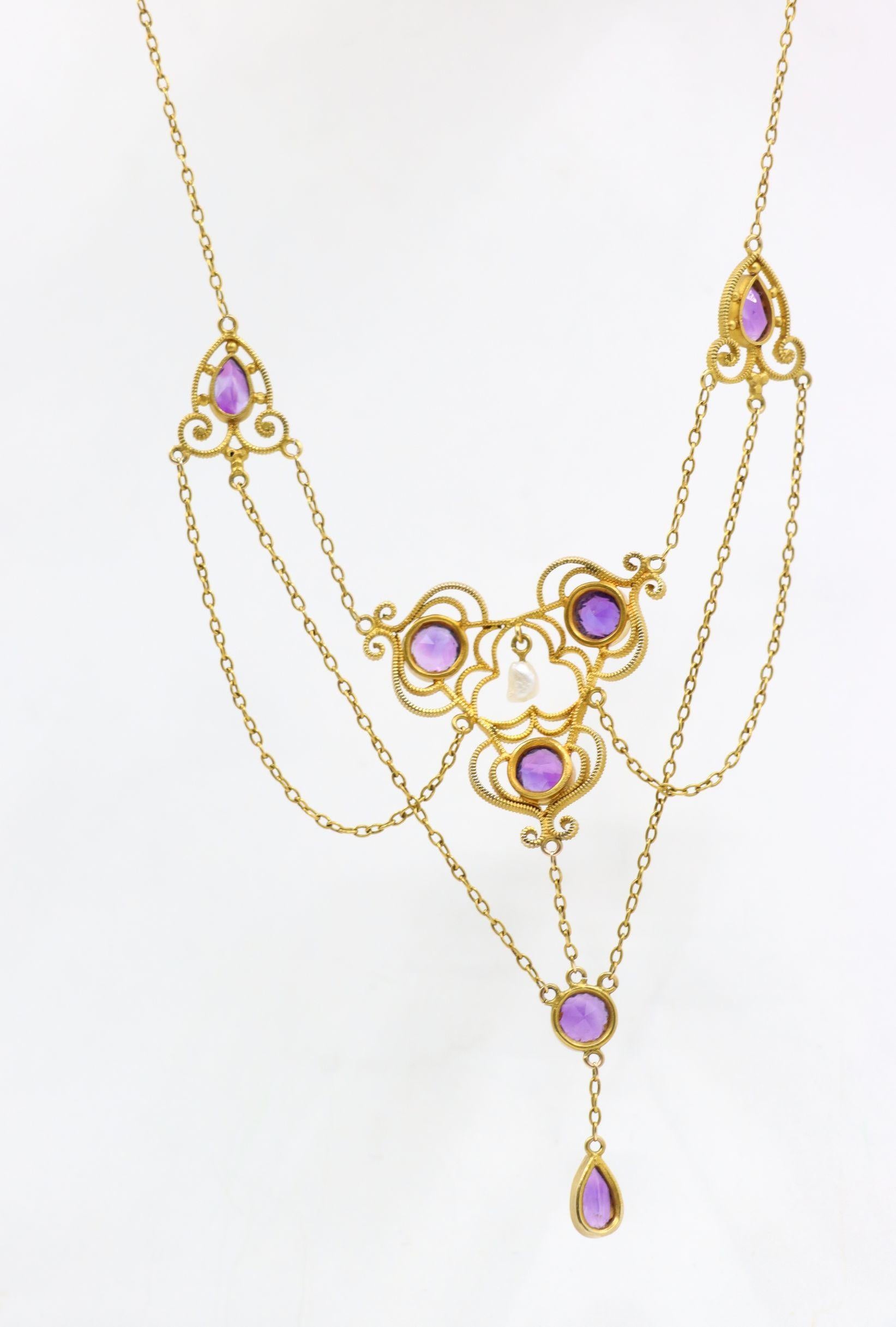 Vintage Victorian 14K Gold Amethyst Perlenkette im Angebot 4