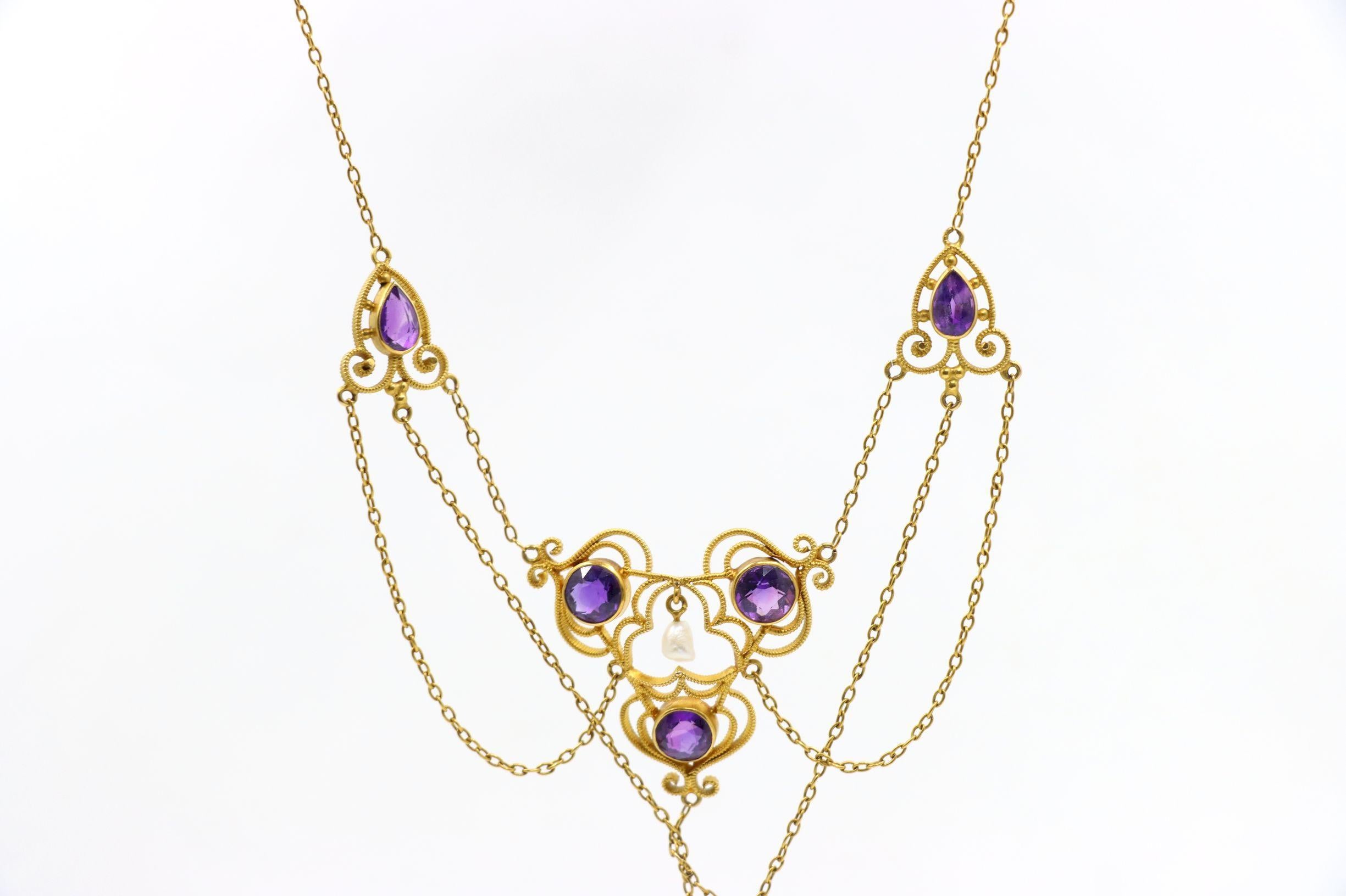 Vintage Victorian 14K Gold Amethyst Perlenkette im Angebot 5
