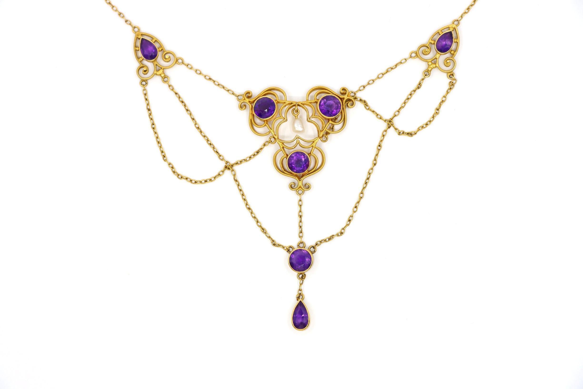 Vintage Victorian 14K Gold Amethyst Perlenkette (Viktorianisch) im Angebot