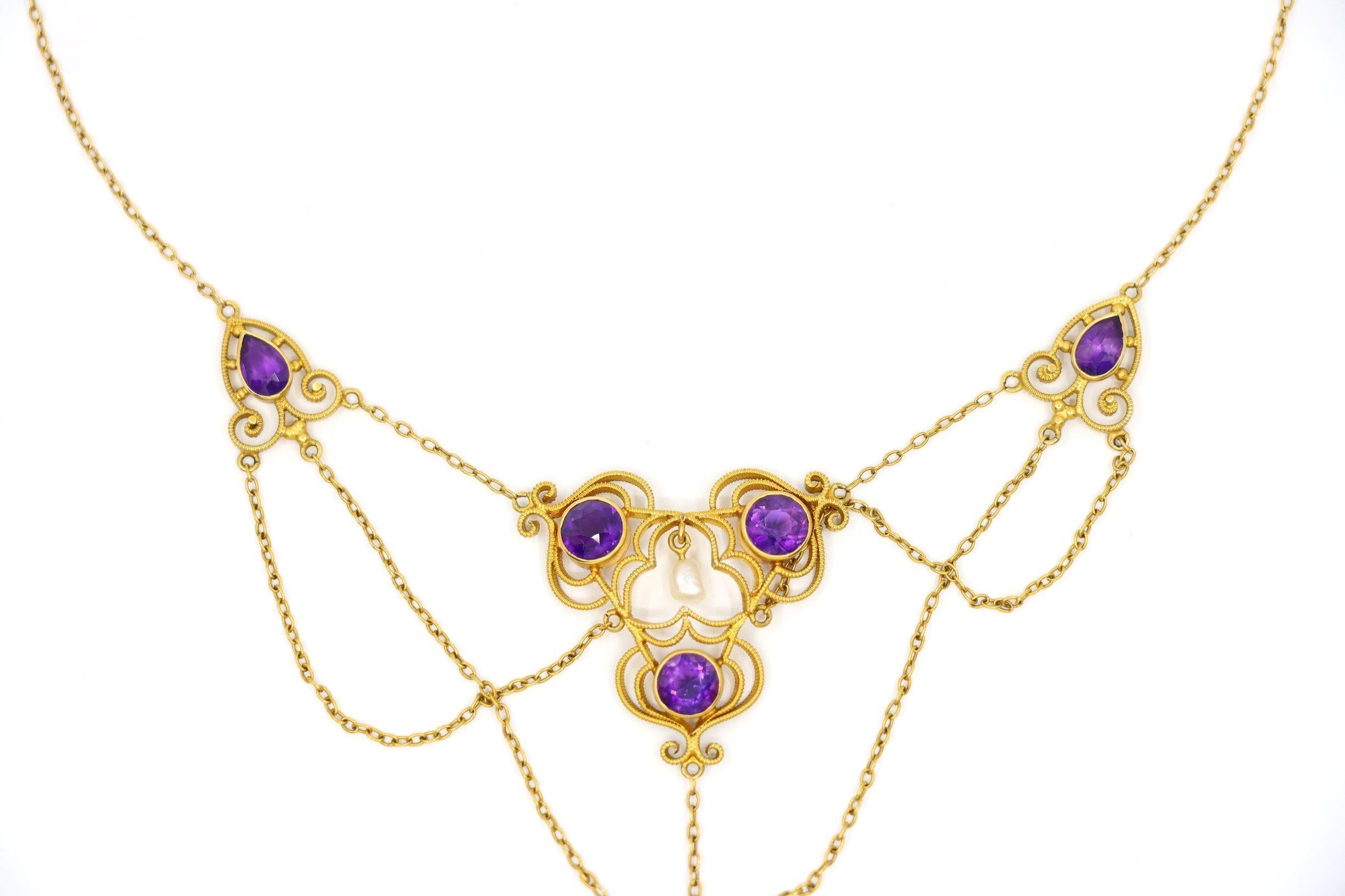 Vintage Victorian 14K Gold Amethyst Perlenkette (Brillantschliff) im Angebot