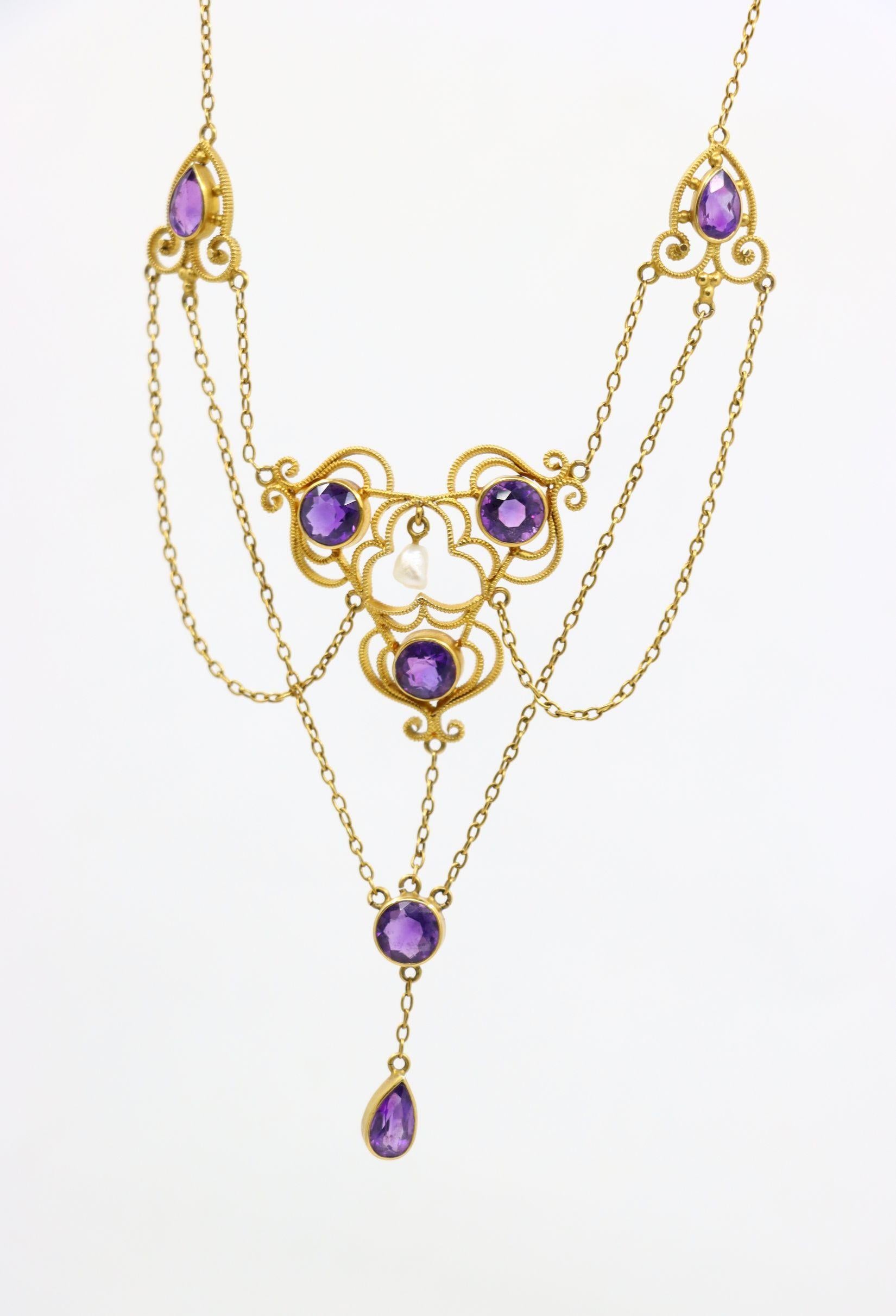 Vintage Victorian 14K Gold Amethyst Perlenkette Damen im Angebot