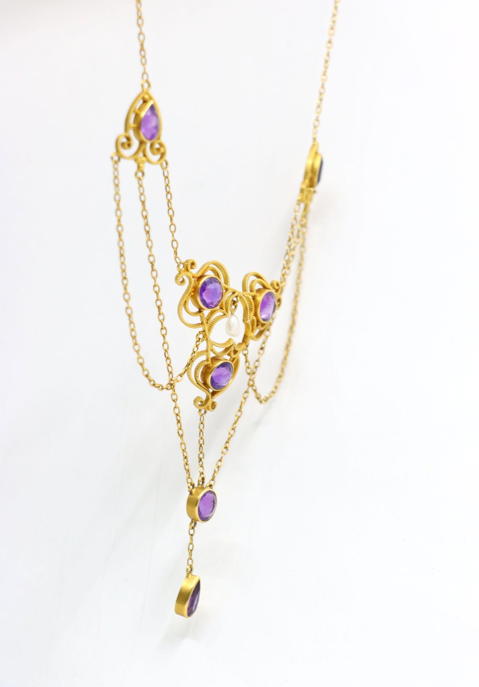Vintage Victorian 14K Gold Amethyst Perlenkette im Angebot 3