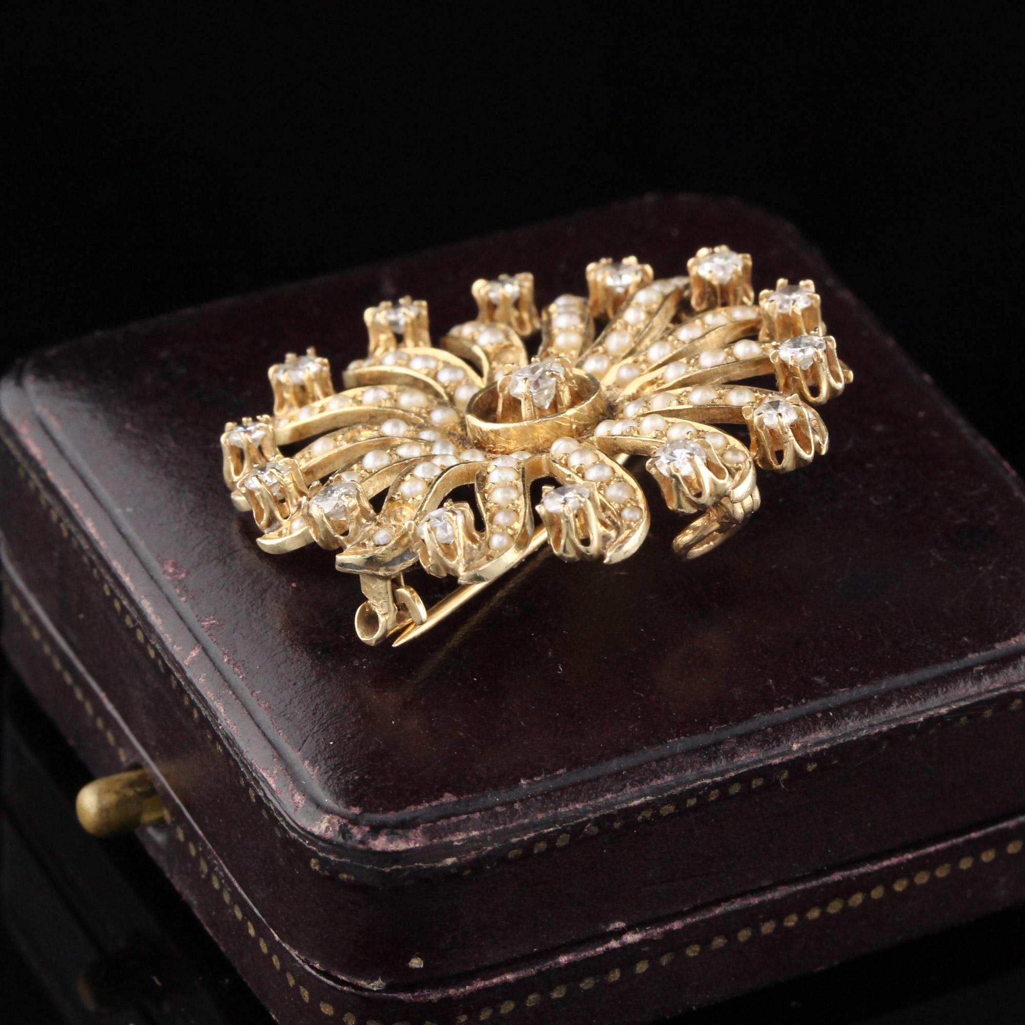 Dazzling yellow gold diamond brooch set with seed pearls.

Item #P0015

Metal: 14K Yellow Gold

Weight: 8.9 Grams

Diamond Weight: Approximately 1 ct

Diamond Color: H

Diamond Clarity: SI1

Measurements: 1.25 inches

Layaway: For your convenience,