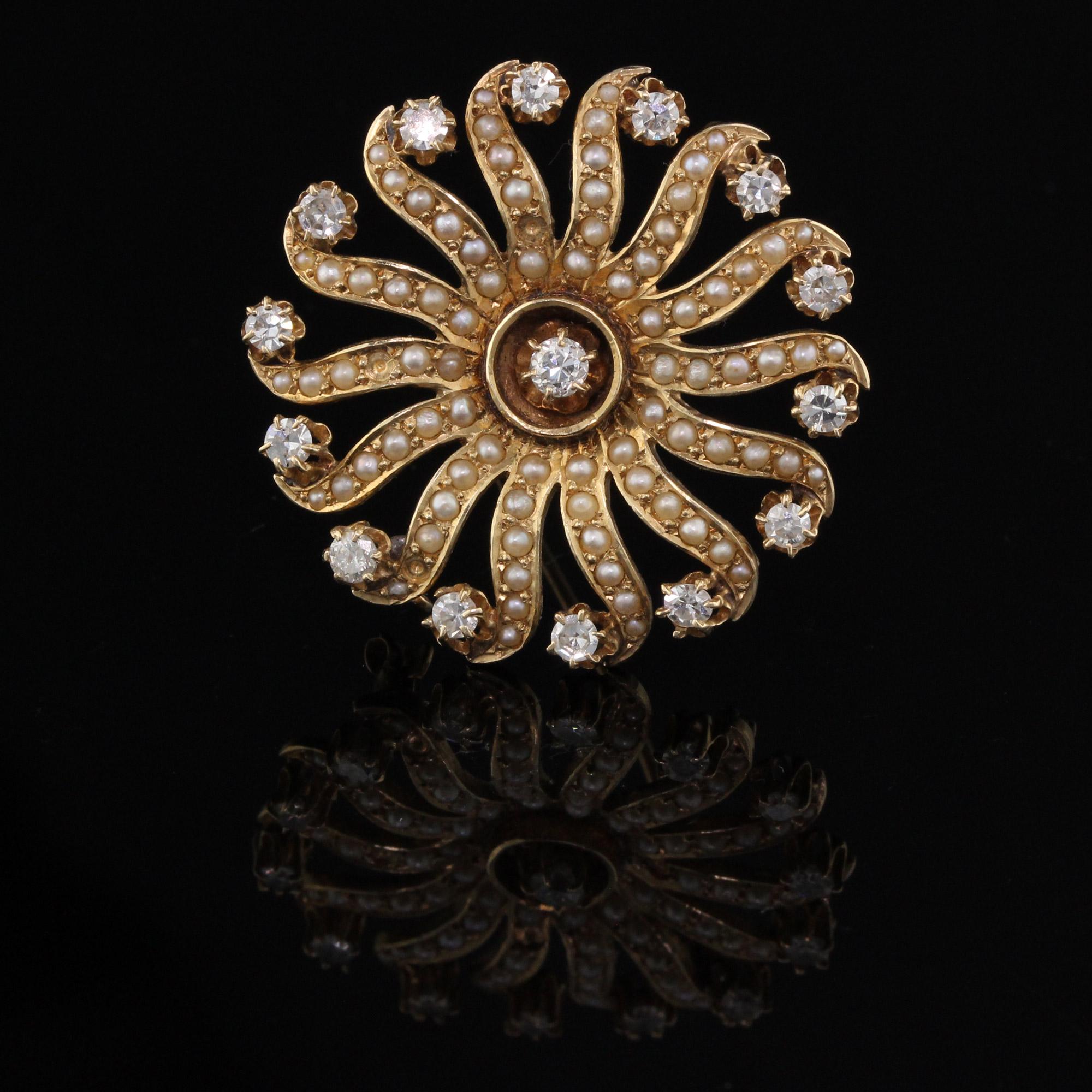 Single Cut Vintage Victorian 14 Karat Yellow Gold Diamond and Seed Pearl Pin