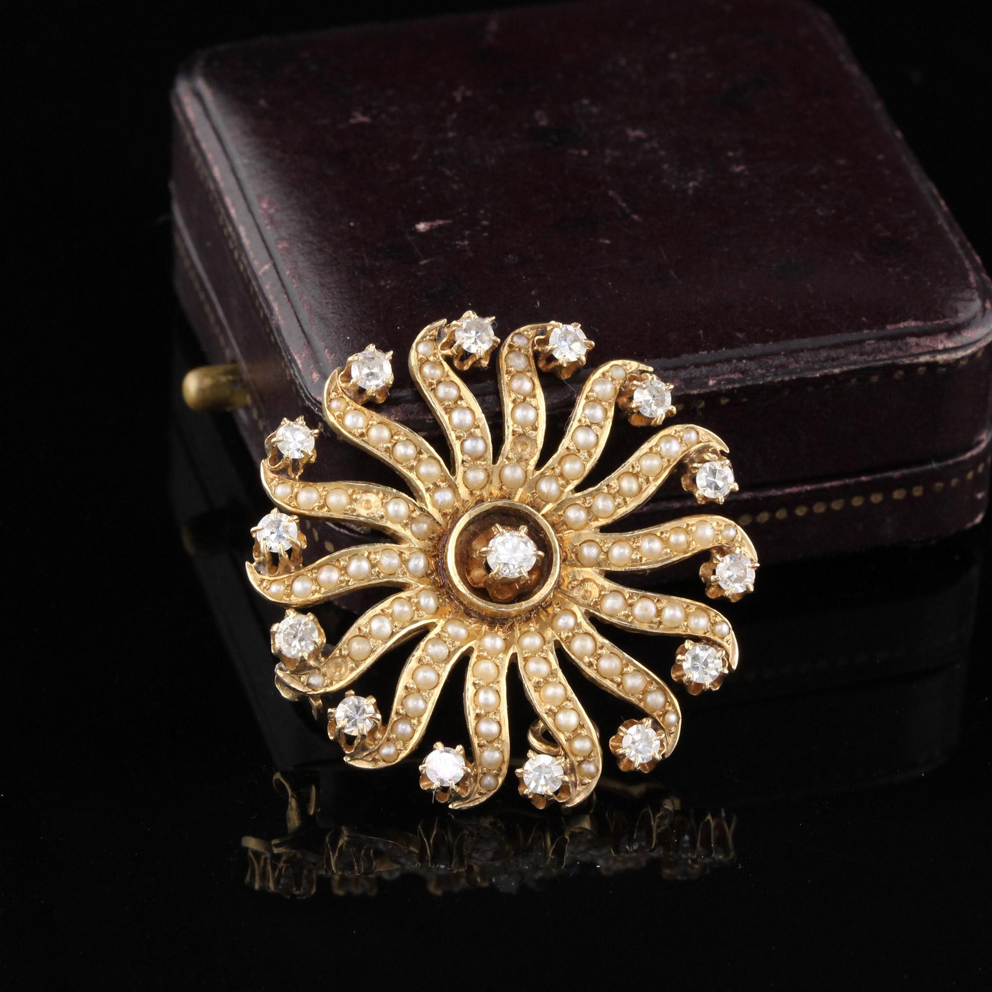 Vintage Victorian 14 Karat Yellow Gold Diamond and Seed Pearl Pin 1