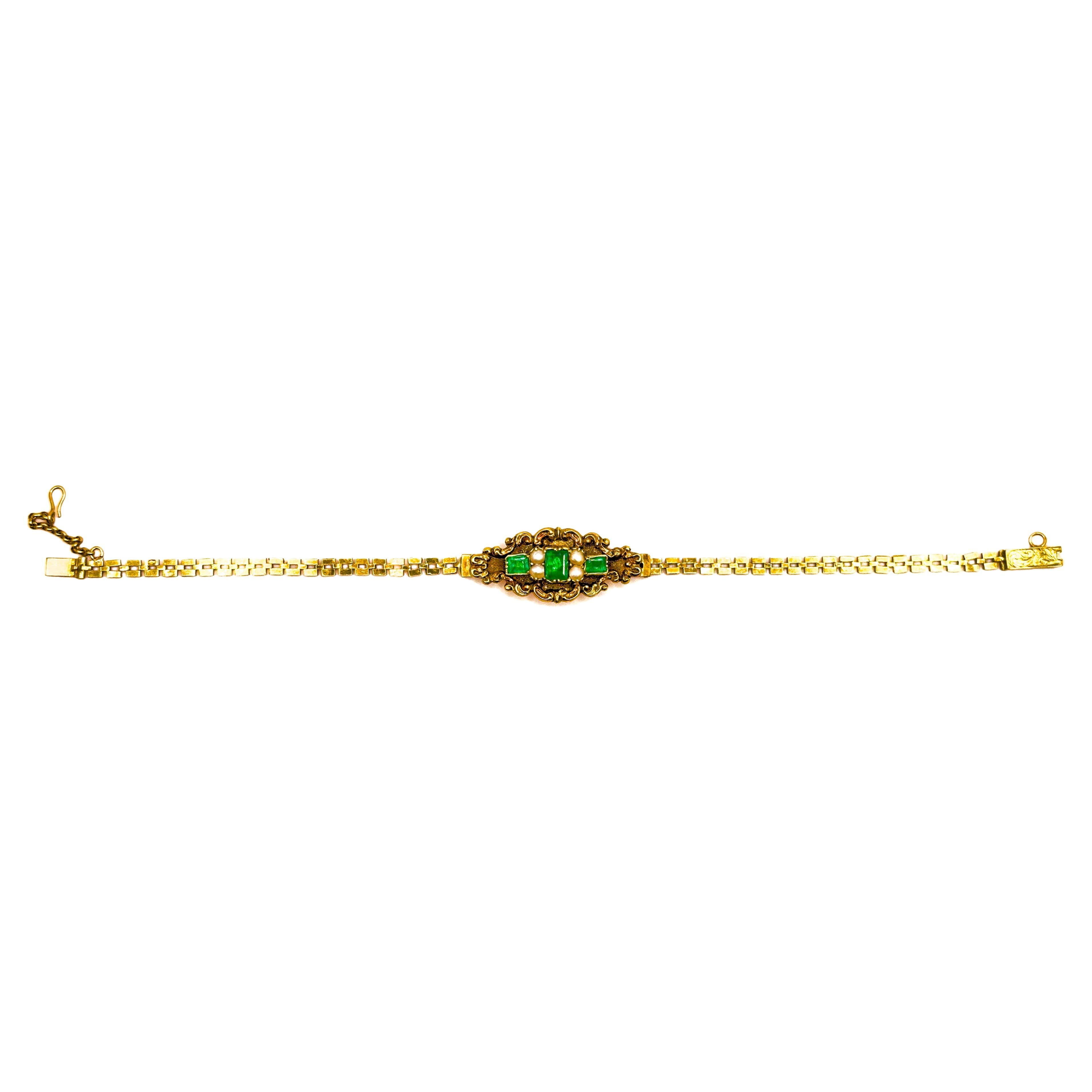 Emerald Cut Rare Vintage Victorian Emerald Bracelet 18K Yellow Gold For Sale