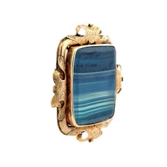 Vintage Victorian Banded Blue Agate Handmade Engraved Gold Brooch Pin