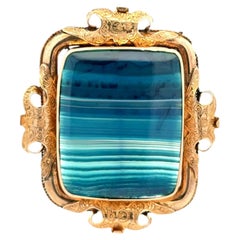 Vintage Victorian Banded Blue Agate Handmade Engraved Gold Brooch Pin