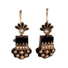 Vintage Victorian Black Onyx and Seed Pearl 14 Karat Yellow Gold Drop Earrings
