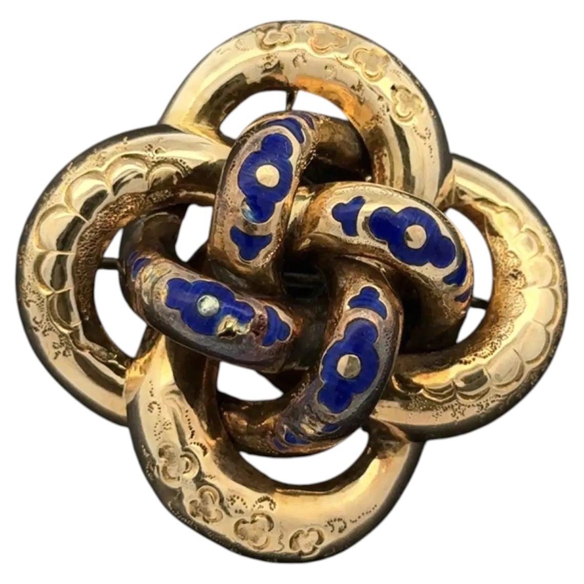 Vintage Victorian Blue Enamel Gold Knot Brooch Pin Fine Estate Jewelry