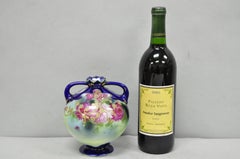Vintage Victorian Blue Hand Painted Porcelain Floral Twin Handled Bulbous Vase