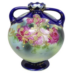 Vintage Victorian Blue Hand Painted Porcelain Floral Twin Handled Bulbous Vase