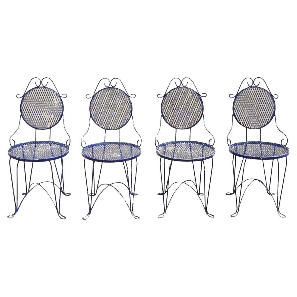 Vintage Victorian Blue Wrought Iron Small Garden Bistro Dining Chairs - Set of 4 For Sale